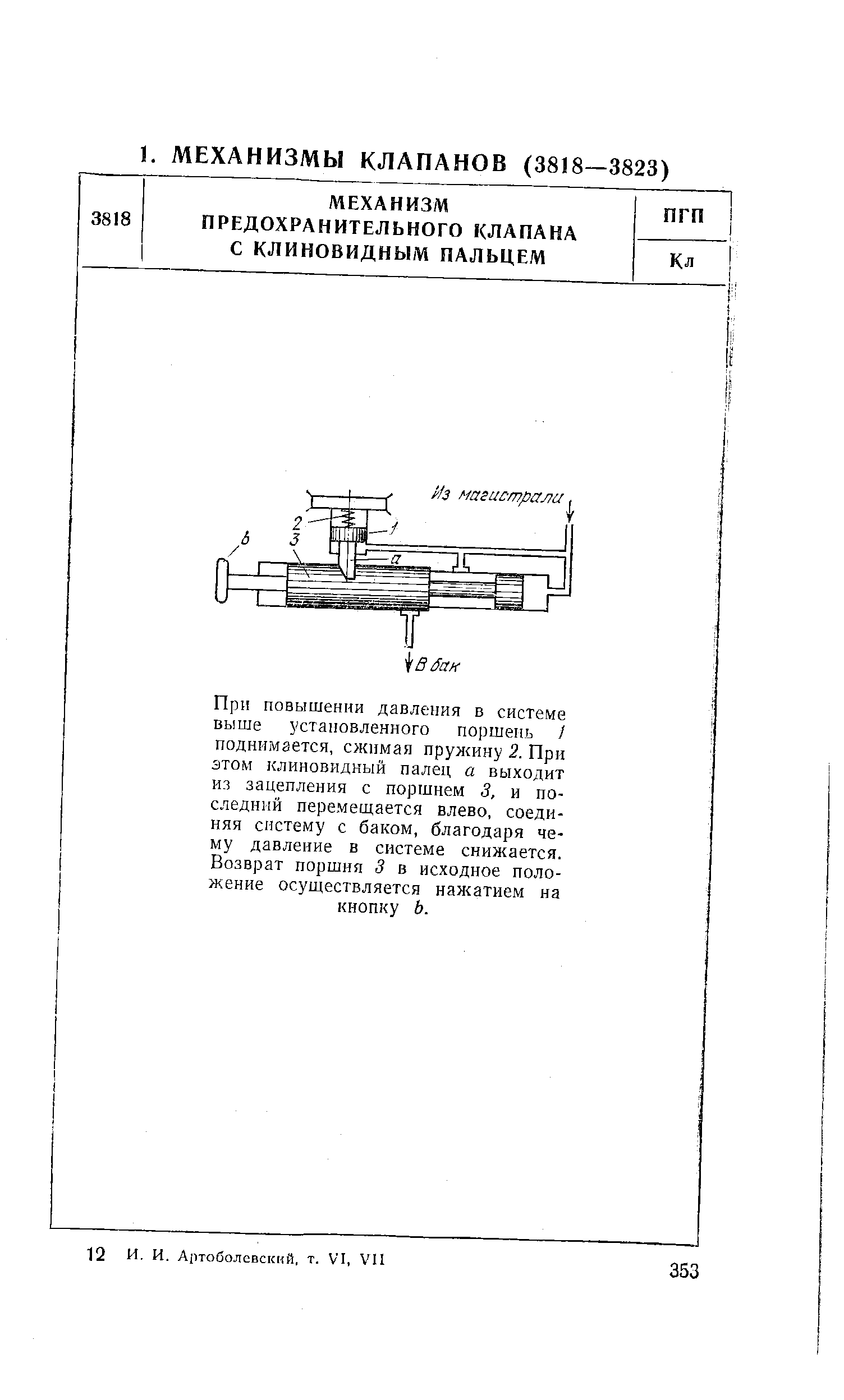 При повышении давления в системе выше установленного поршень / поднимается, сжимая пружину 2. При этом клиновидный палец а выходит из зацепления с поршнем 3, и последний перемещается влево, соединяя систему с баком, благодаря чему давление в системе снижается. Возврат поршня 5 в исходное положение осуществляется нажатием на кнопку Ь.
