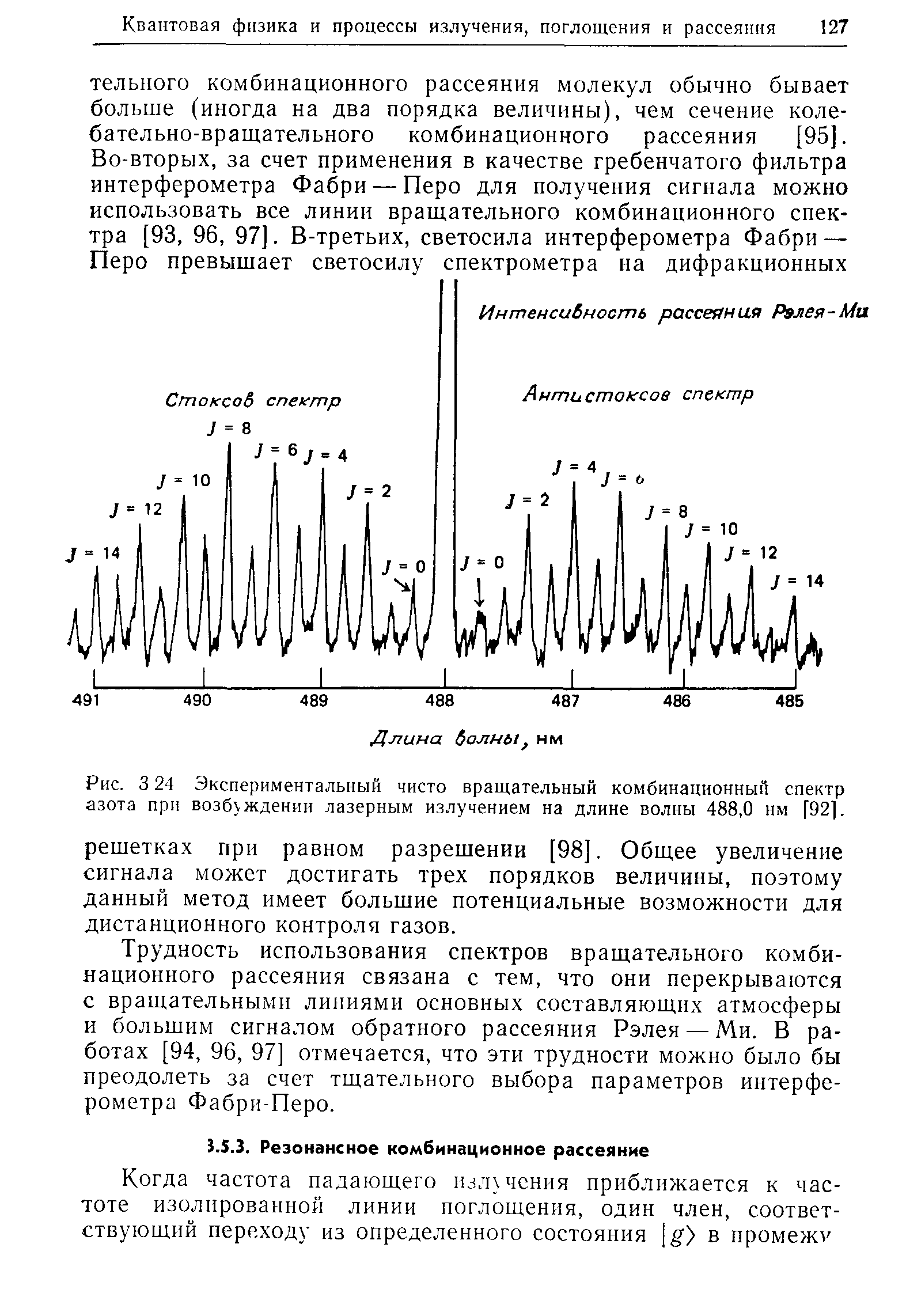 Рис. 3 24 Экспериментальный чисто вращательный комбинационный спектр азота при возбуждении <a href="/info/178413">лазерным излучением</a> на длине волны 488,0 нм [921.
