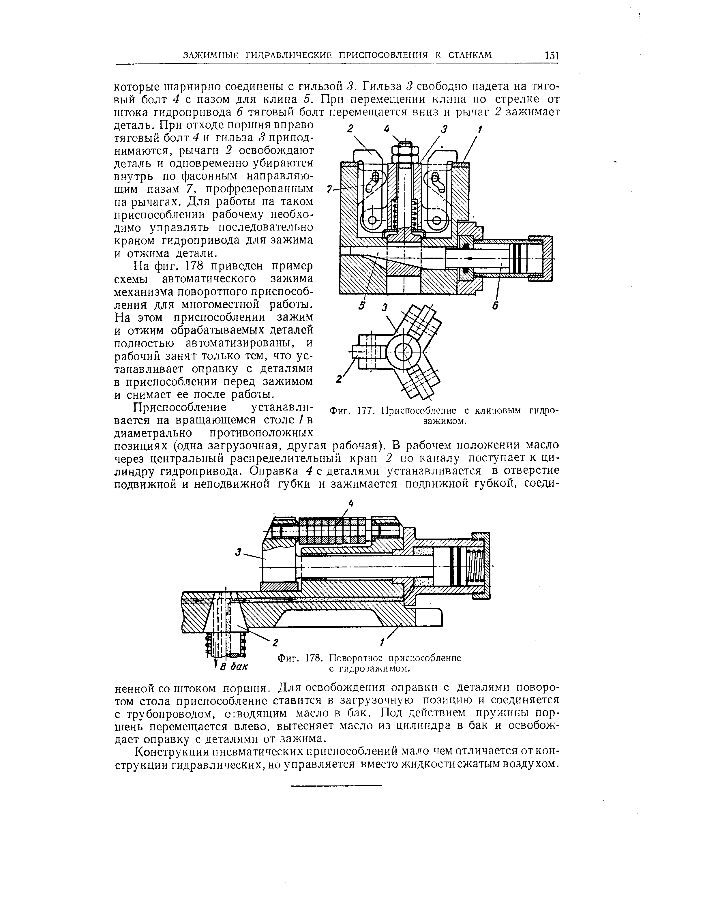 На фиг. 178 приведен пример схемы автоматического зажима механизма поворотного приспособления для многоместной работы.
