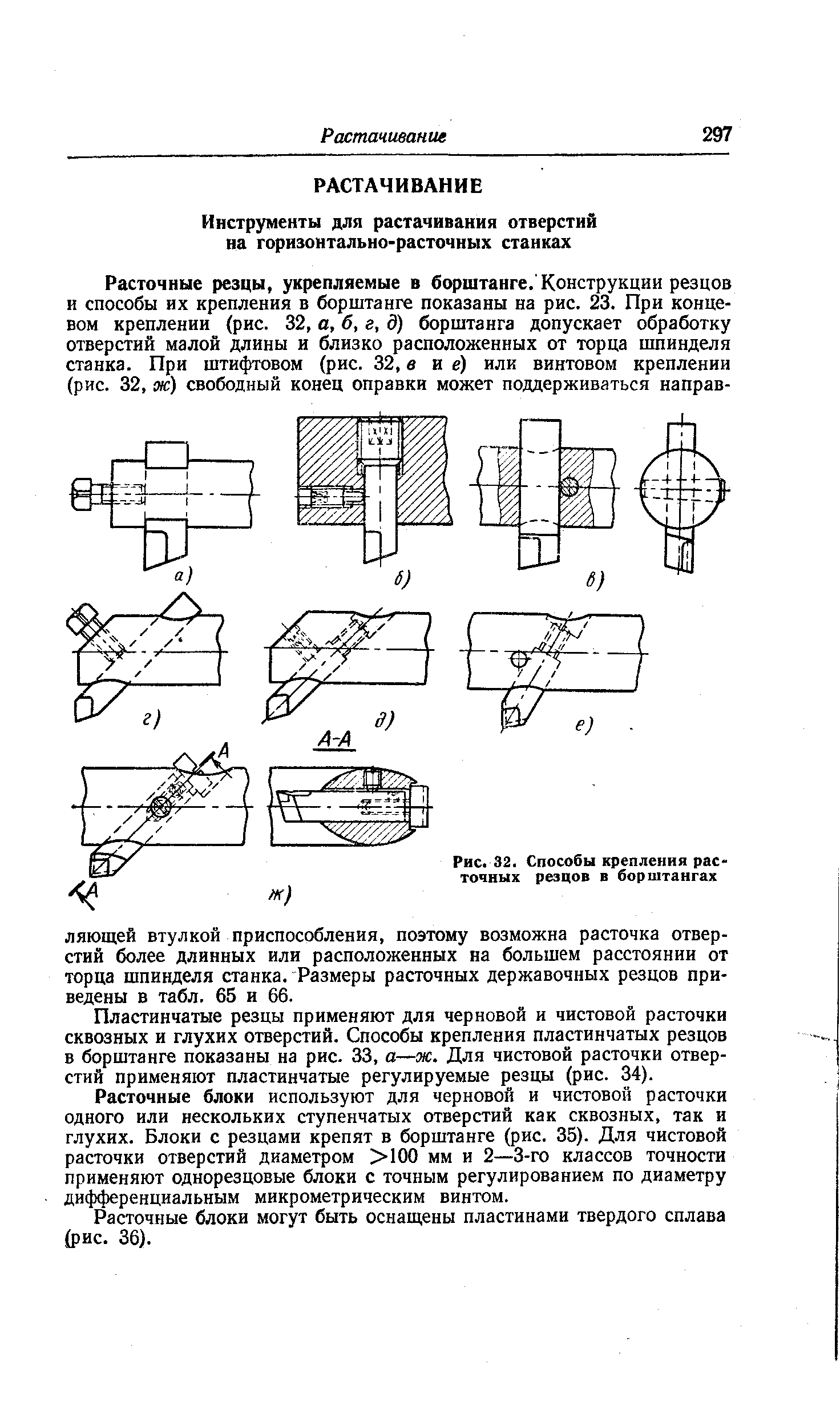 Пластинчатые резцы применяют для черновой и чистовой расточки сквозных и глухих отверстий. Способы крепления пластинчатых резцов в борштанге показаны на рис. 33, а—ж. Для чистовой расточки отверстий применяют пластинчатые регулируемые резцы (рис. 34).
