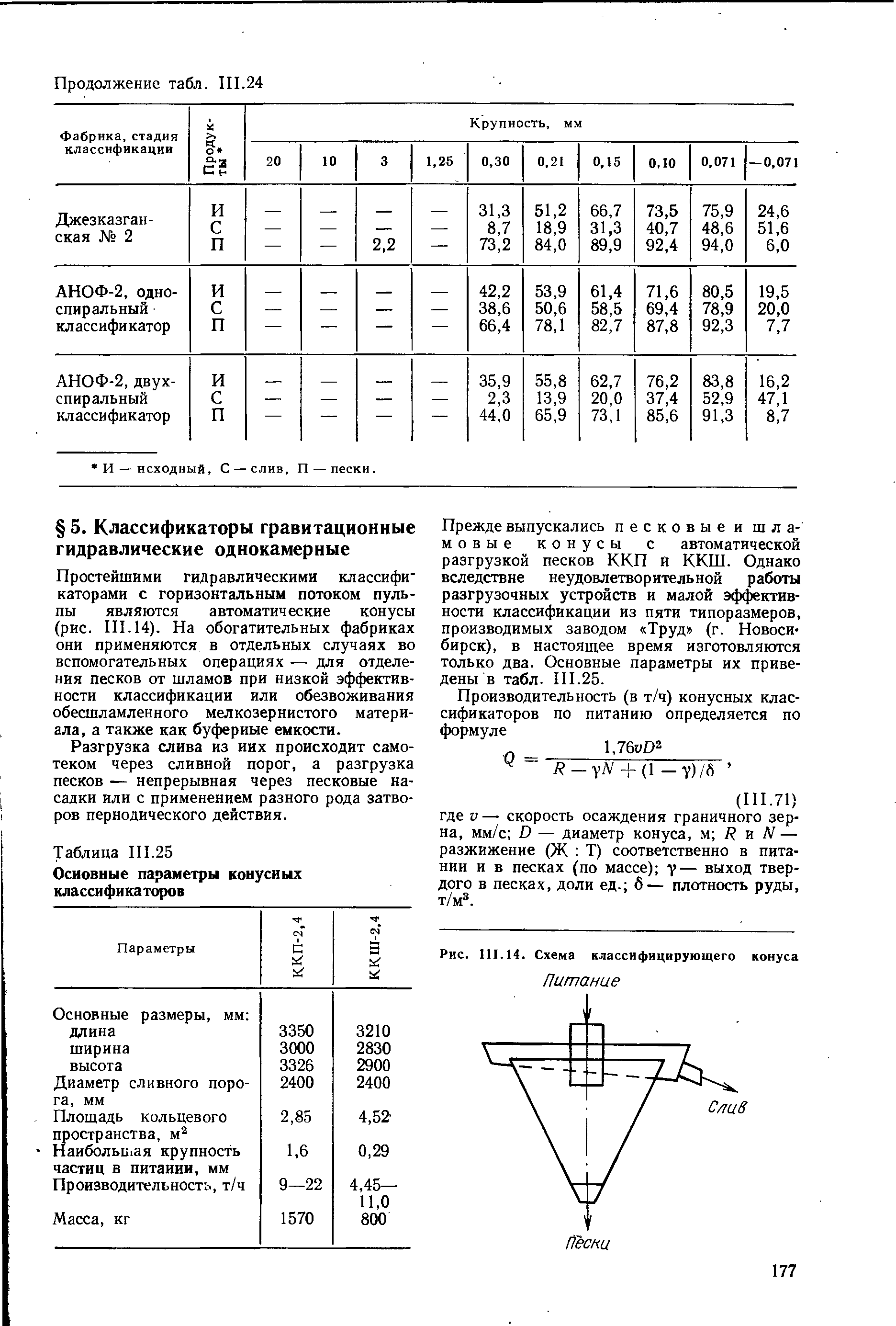 Простейшими гидравлическими классифи катерами с горизонтальным потоком пульпы являются автоматические конусы (рис. П1.14). На обогатительных фабриках они применяются в отдельных случаях во вспомогательных операциях — для отделения песков от шламов при низкой эффективности классификации или обезвоживания обесшламленного мелкозернистого материала, а также как буферные емкости.
