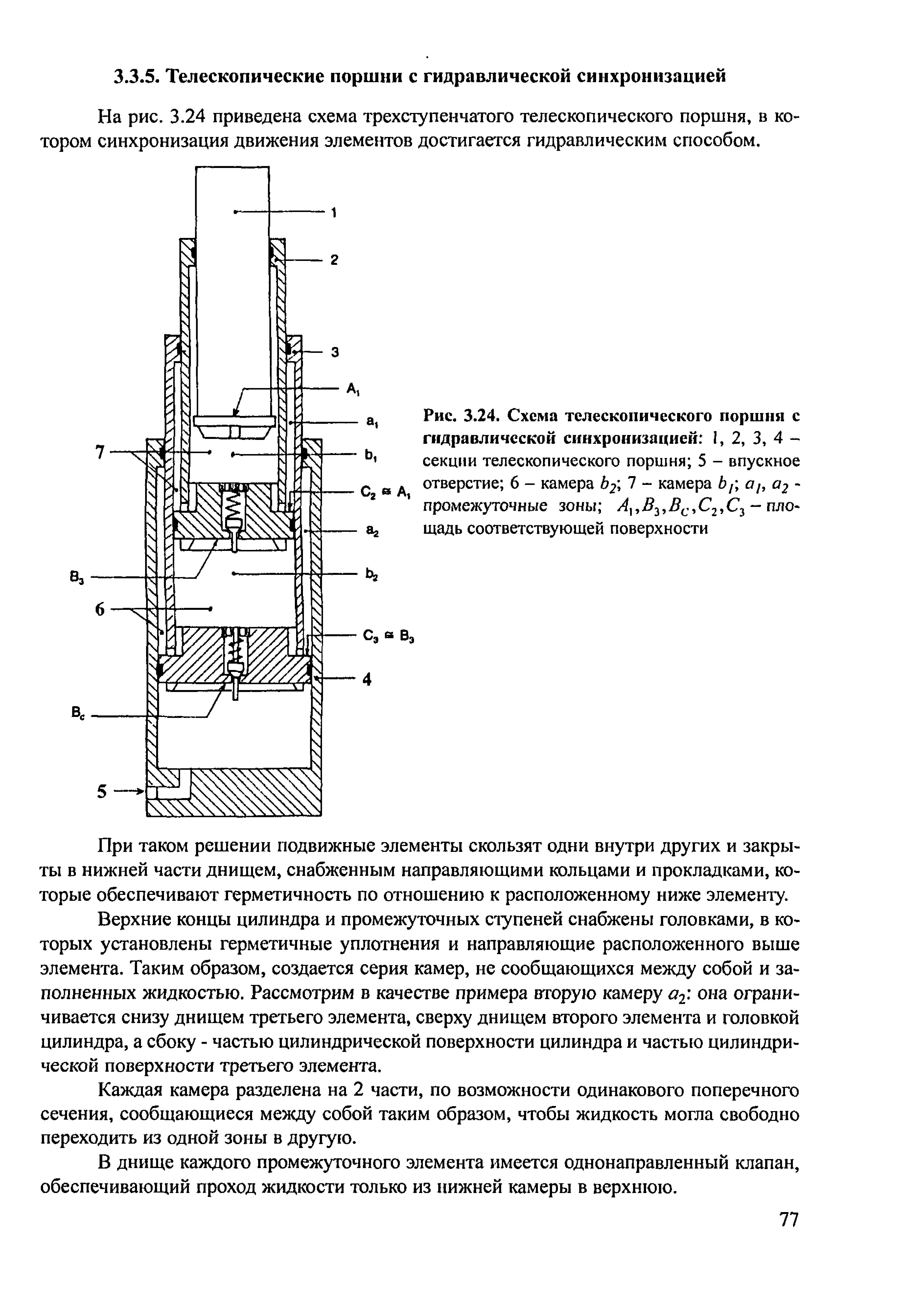 На рис. 3.24 приведена схема трехступенчатого телескопического поршня, в котором синхронизация движения элементов достигается гидравлическим способом.
