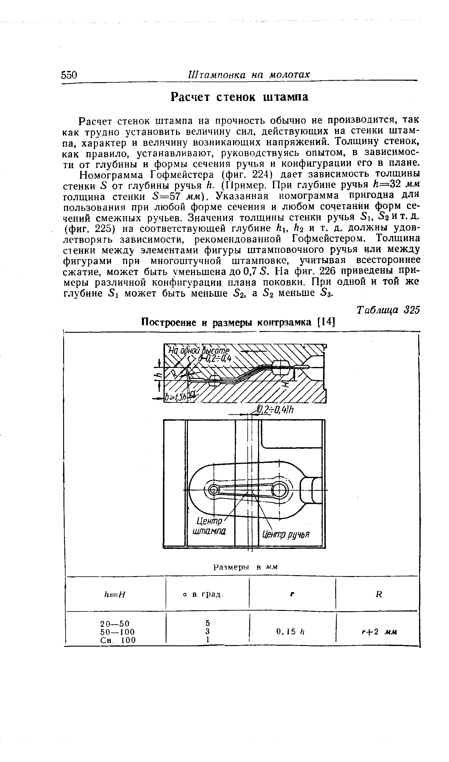 Расчет стенок штампа на прочность обычно не производится, так как трудно установить величину сил, действующих на стенки штампа, характер и величину возникающих напряжений. Толщину стенок, как правило, устанавливают, руководствуясь опытом, в зависимости от глубины и формы сечения ручья и конфигурации его в плане.
