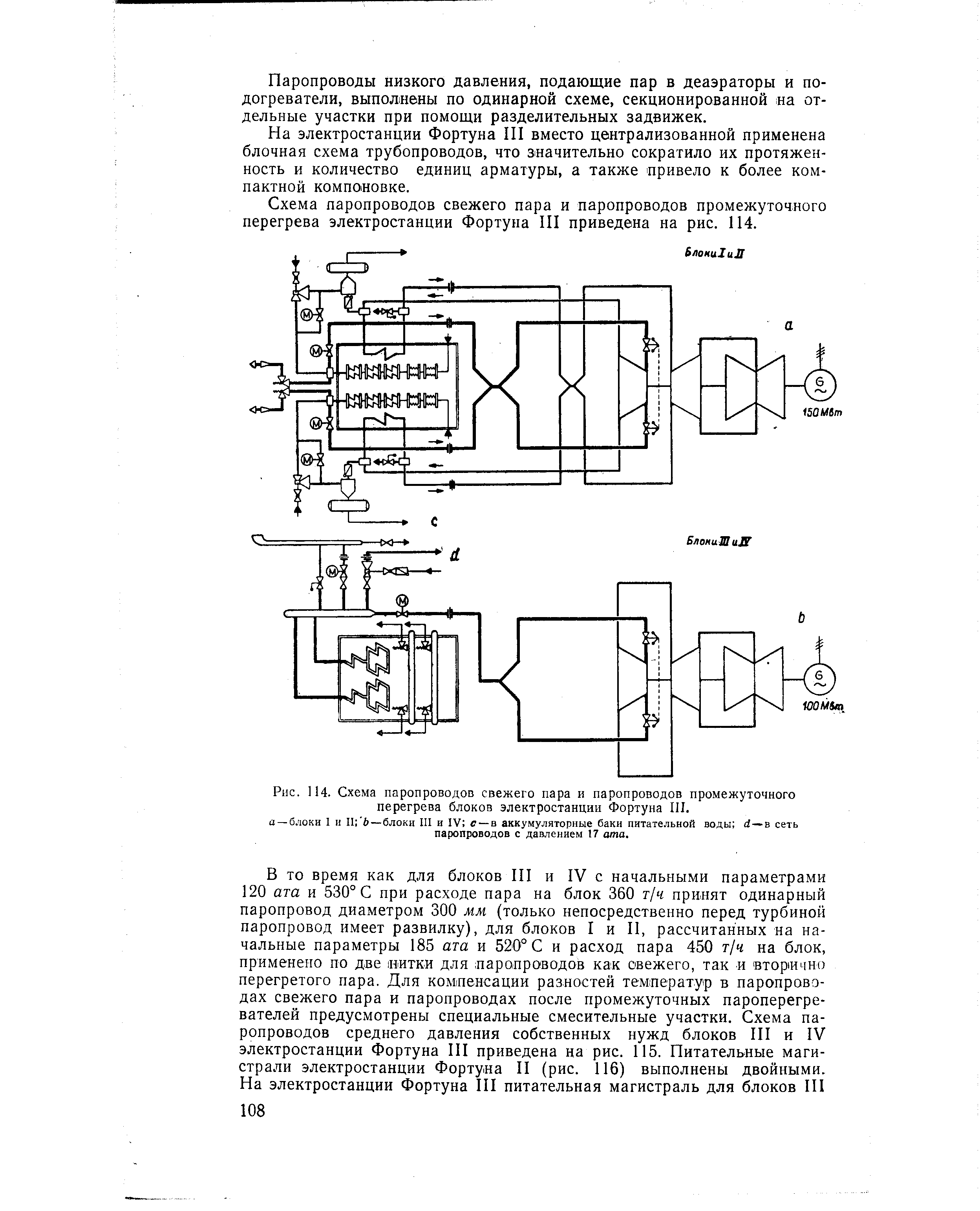 Рис. 114. Схема паропроводов свежего пара и паропроводов промежуточного перегрева блоков электростанции Фортуна III.
