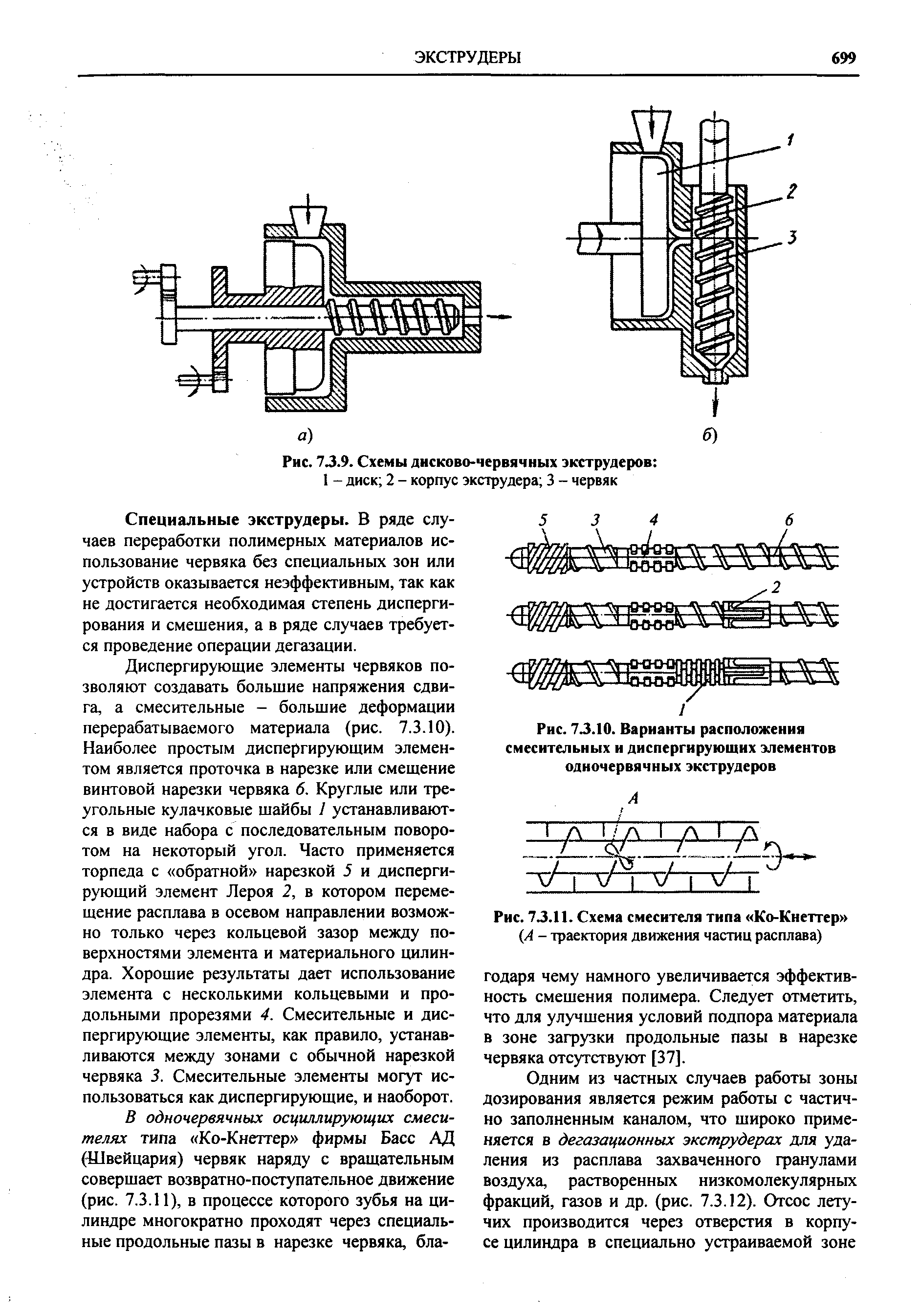 Рис. 73.10. Варианты расположения смесительных и диспергирующих элементов одночервячных экструдеров
