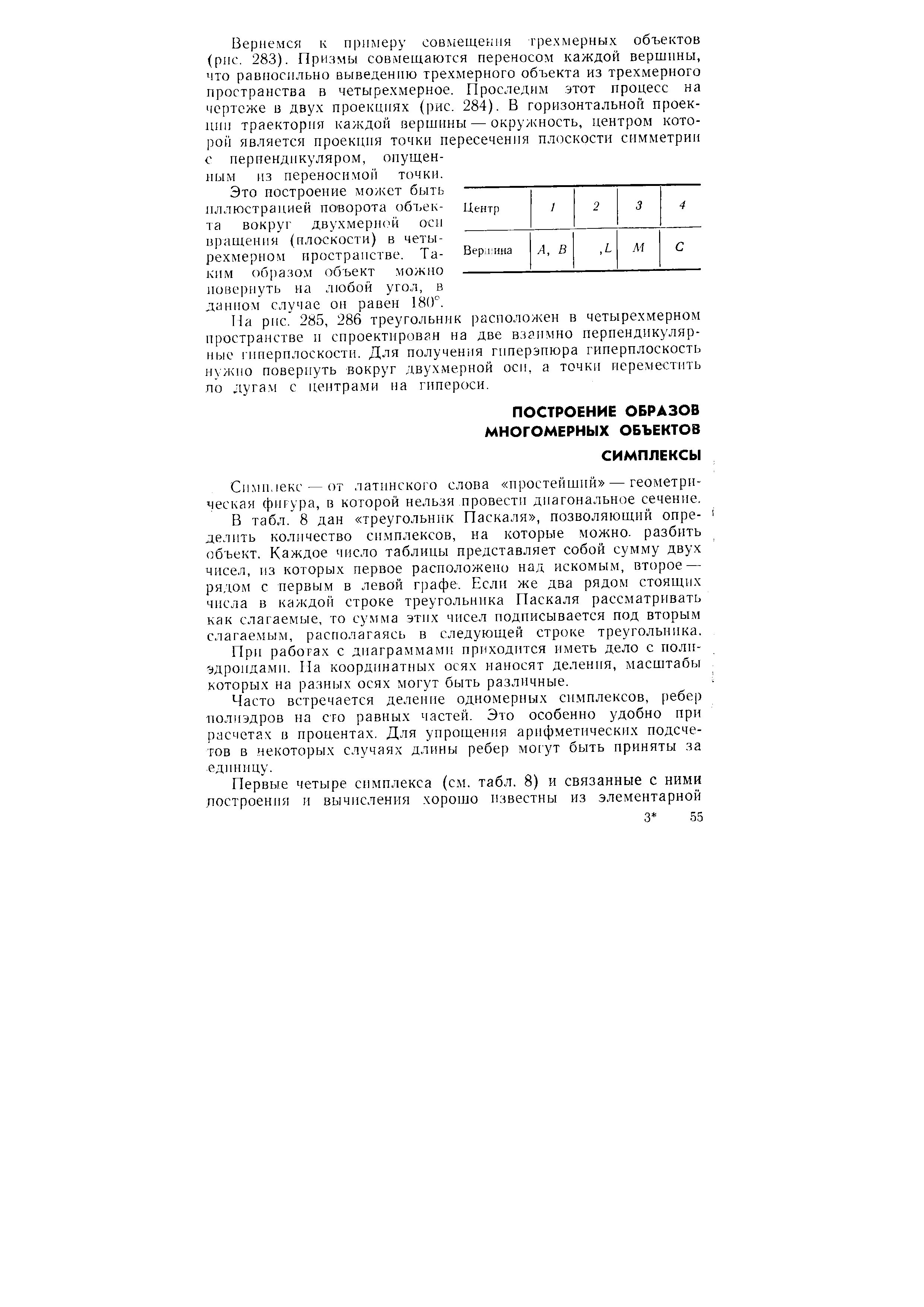 В табл. 8 дан треугольник Паскаля , позволяющий определить количество симплексов, на которые можно, разбить объект. Каждое число таблицы представляет собой сумму двух чисел, нз которых первое расположено над искомым, второе — рядол с первым в левой графе. Если же два рядом стоящих числа в каждой строке треугольника Паскаля рассматривать как слагаемые, то сумма этих чисел подписывается под вторым слагаемым, располагаясь в следующей строке треугольника.
