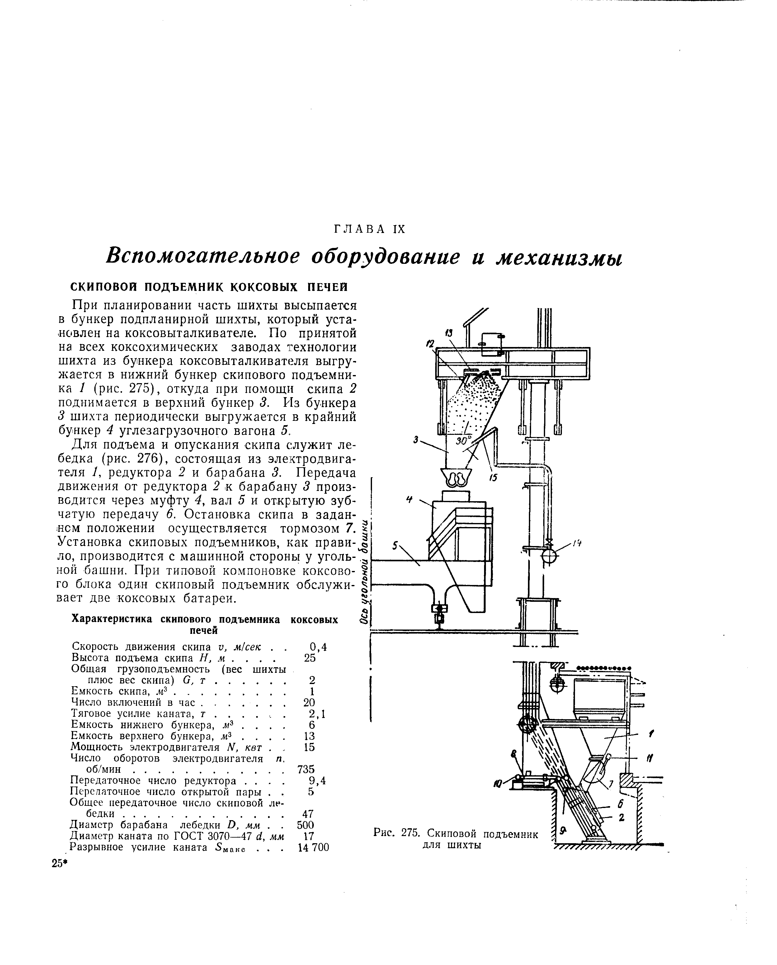 Для подъема и опускания скипа служит лебедка (рис. 276), состоящая из электродвигателя /, редуктора 2 и барабана 3. Передача движения от редуктора 2 к барабану 3 производится через муфту 4, вал 5 и открытую зубчатую передачу 6. Остановка скипа в заданием положении осуществляется тормозом 7. Установка скиповых подъемников, как правило, производится с машинной стороны у уголь-Та ной башни. При типовой компоновке коксового блока один скиповый подъемник обслужи- вает две коксовых батареи.
