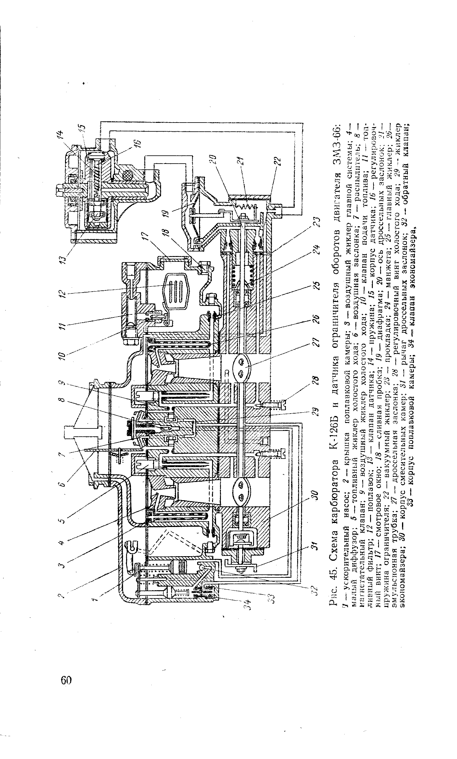 Рис. 45. Схема карбюратора К-126Б и датчика ограничителя оборотов двигателя ЗМЗ-66 
