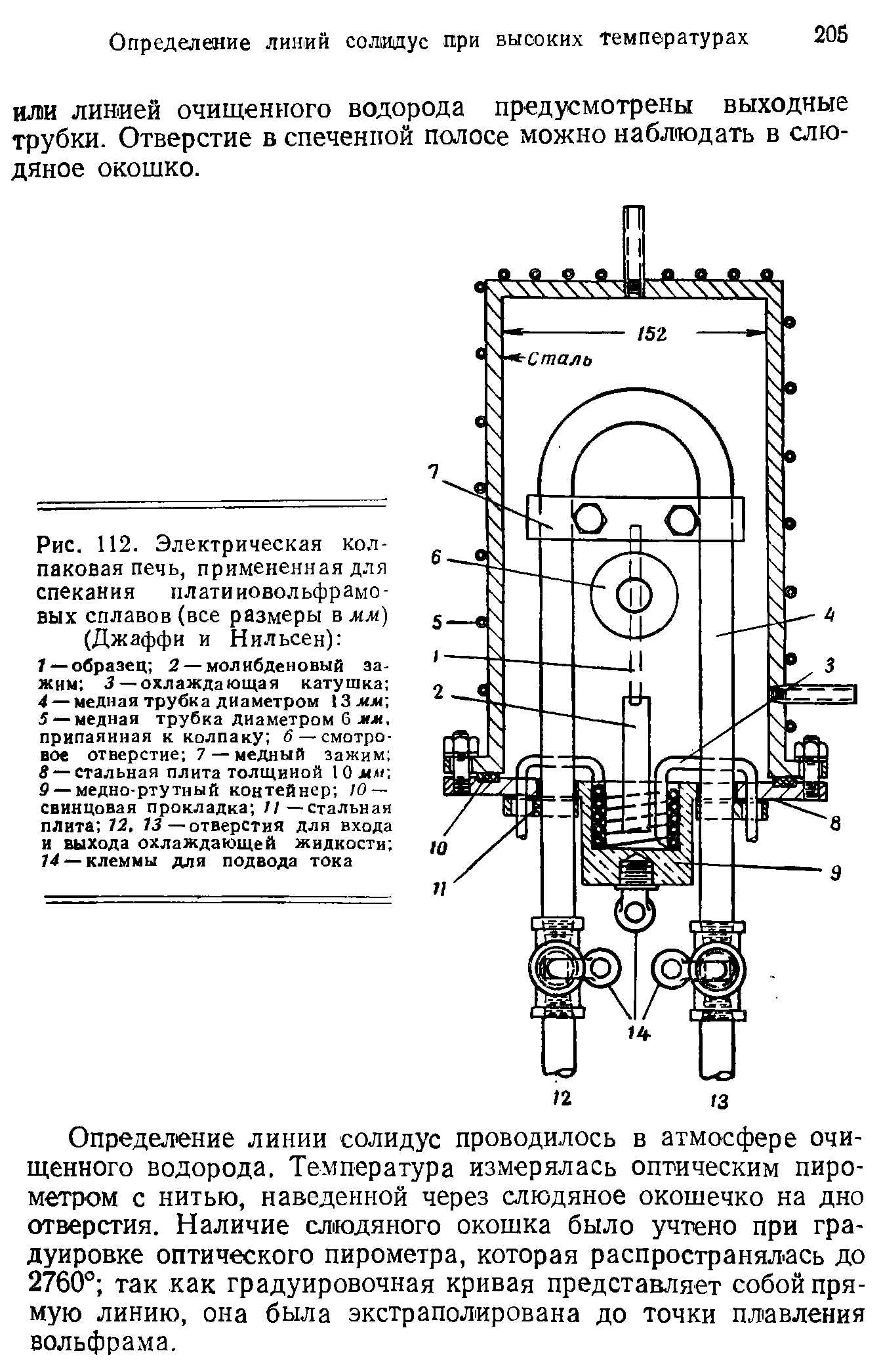 Рис. 112. Электрическая кол-паковая печь, примененная для спекания платииовольфрамо-вых сплавов (все размеры в мм) (Джаффи и Нильсен) 
