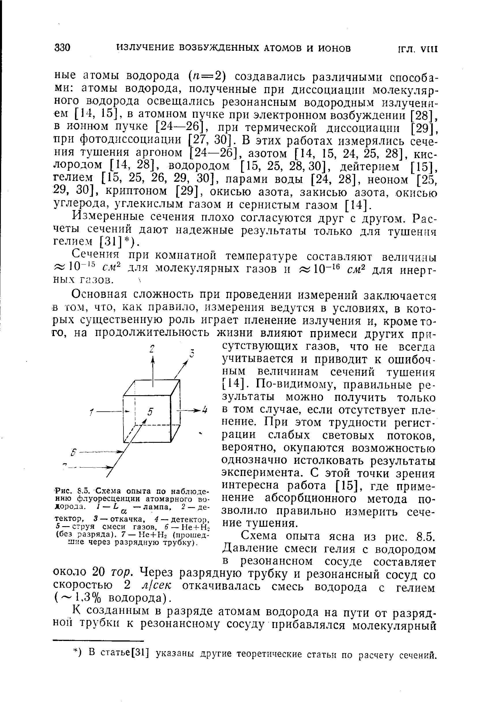 Рис. S.5. Схема опыта по наблюдению флуоресценции <a href="/info/7156">атомарного водорода</a>. I — L —лампа. 2 — детектор, 3 — откачка, 4 — детектор, 5 — струя смеси газов, 6 — He-f-H2 (без разряда), 7 — Не-ЬНг (прошедшие через разрядную трубку).
