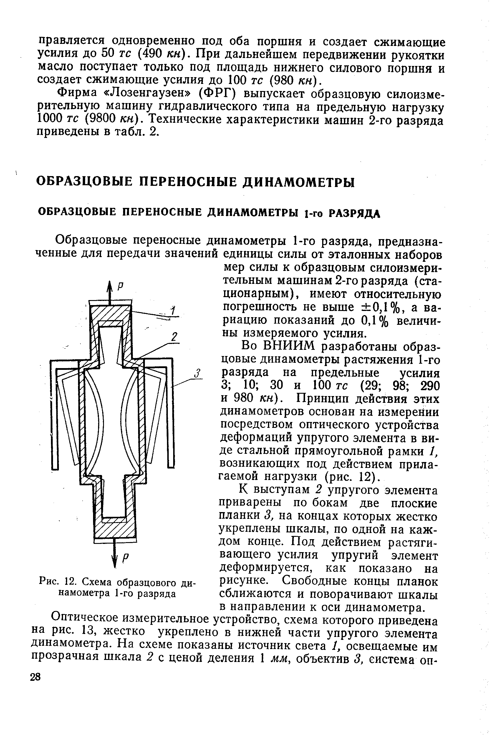 Во ВНИИМ разработаны образцовые динамометры растяжения 1-го разряда на предельные усилия 3 10 30 и 100 гс (29 98 290 и 980 кн). Принцип действия этих динамометров основан на измерении посредством оптического устройства деформаций упругого элемента в виде стальной прямоугольной рамки 1, возникающих под действием прилагаемой нагрузки (рис. 12).
