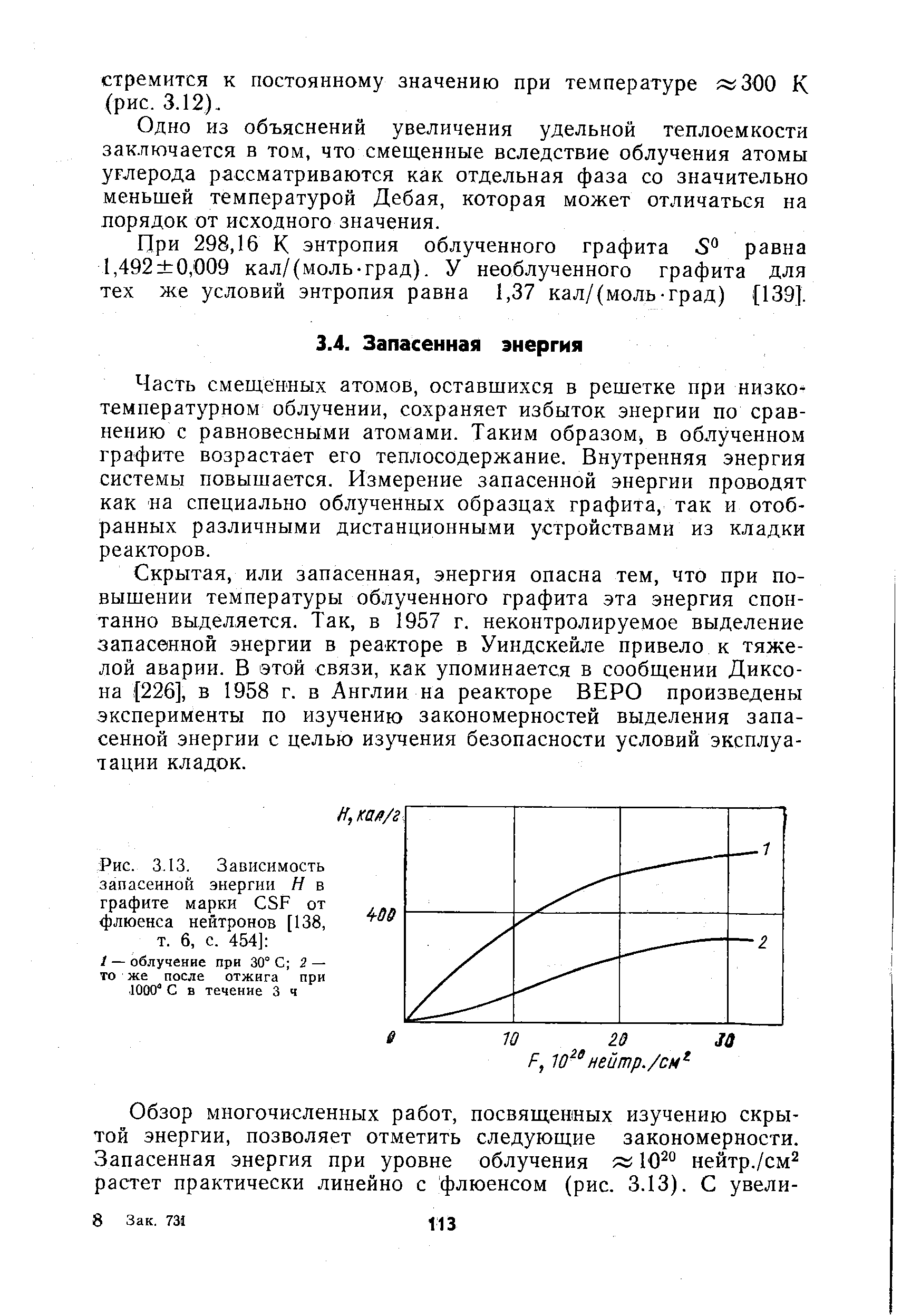 Рис. 3.13. Зависимость запасенной энергии Н в графите марки SF от флюенса нейтронов [138, т. 6, с. 454] 
