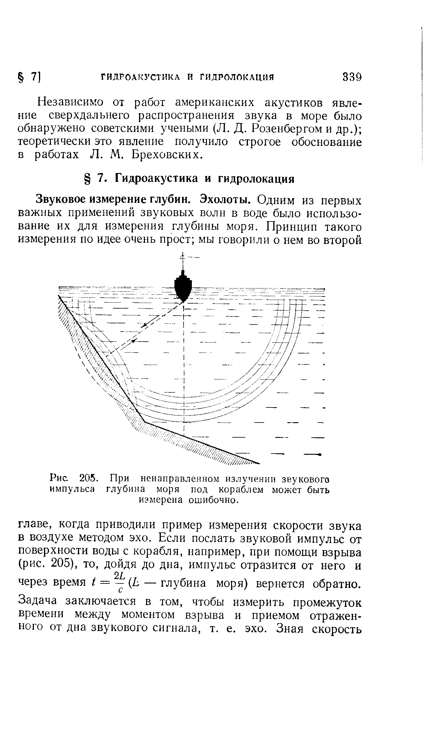 Рис 205. При ненаправленном излучении звукового импульса глубина моря под кораблем может быть измерена ошибочно.
