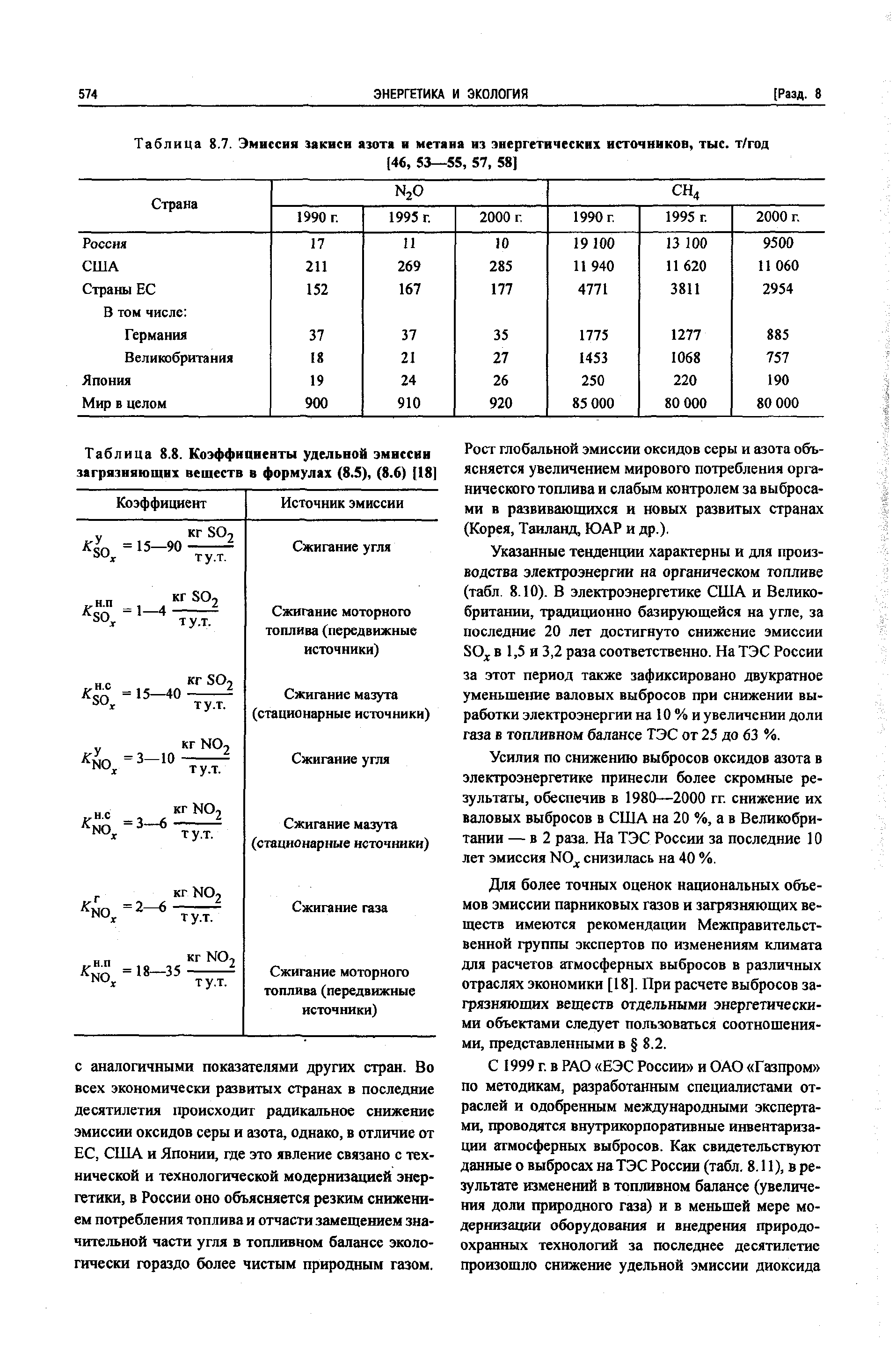 Таблица 8.8. Коэффициенты удельной эмиссии загрязняющих веществ в формулах (8.5), (8.6) [18 
