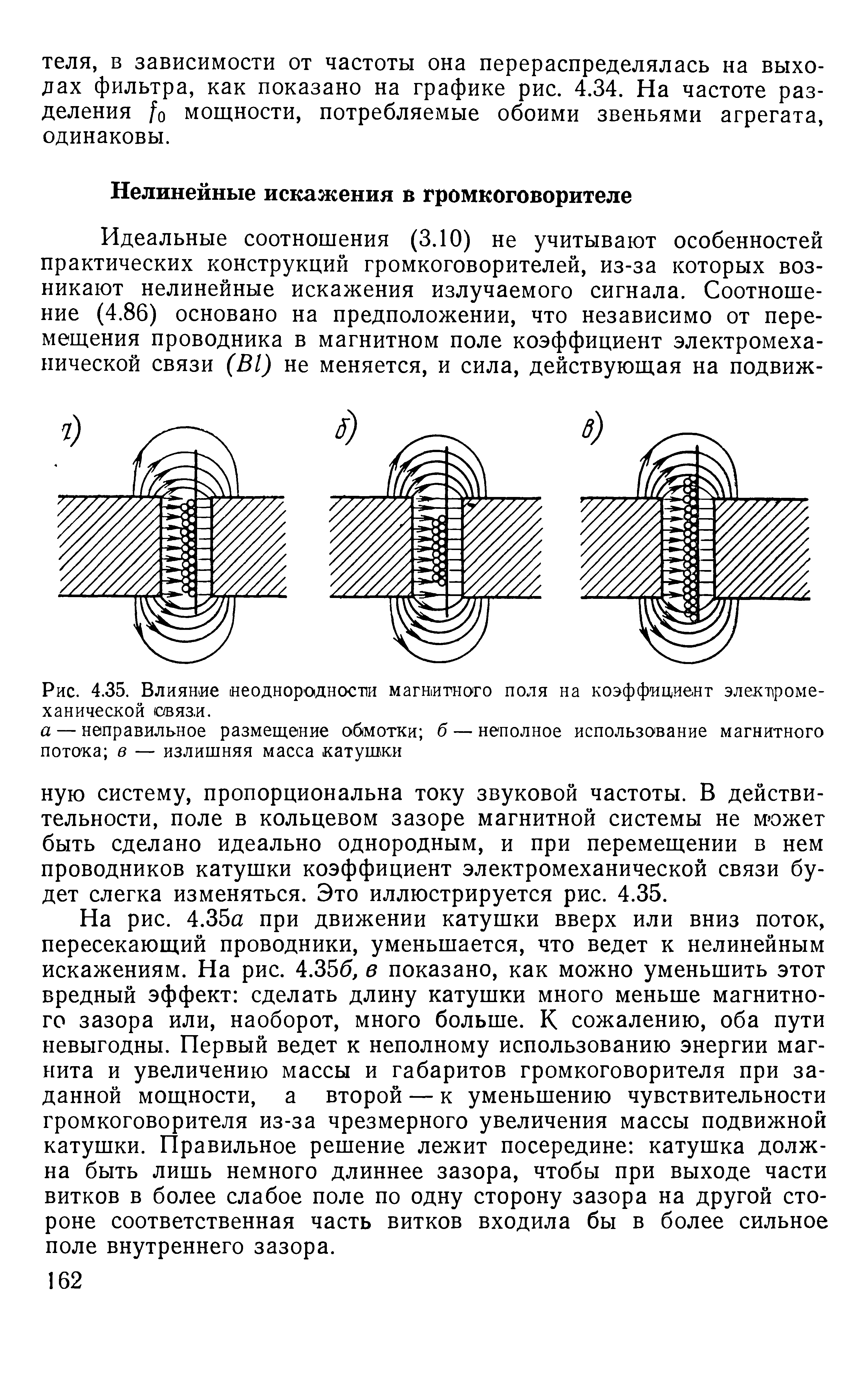 На рис. 4.35а при движении катущки вверх или вниз поток, пересекающий проводники, уменьщается, что ведет к нелинейным искажениям. На рис. 4.356, в показано, как можно уменьшить этот вредный эффект сделать длину катущки много меньше магнитного зазора или, наоборот, много больше. К сожалению, оба пути невыгодны. Первый ведет к неполному использованию энергии магнита и увеличению массы и габаритов громкоговорителя при заданной мощности, а второй — к уменьшению чувствительности громкоговорителя из-за чрезмерного увеличения массы подвижной катушки. Правильное решение лежит посередине катушка должна быть лишь немного длиннее зазора, чтобы при выходе части витков в более слабое поле по одну сторону зазора на другой стороне соответственная часть витков входила бы в более сильное поле внутреннего зазора.
