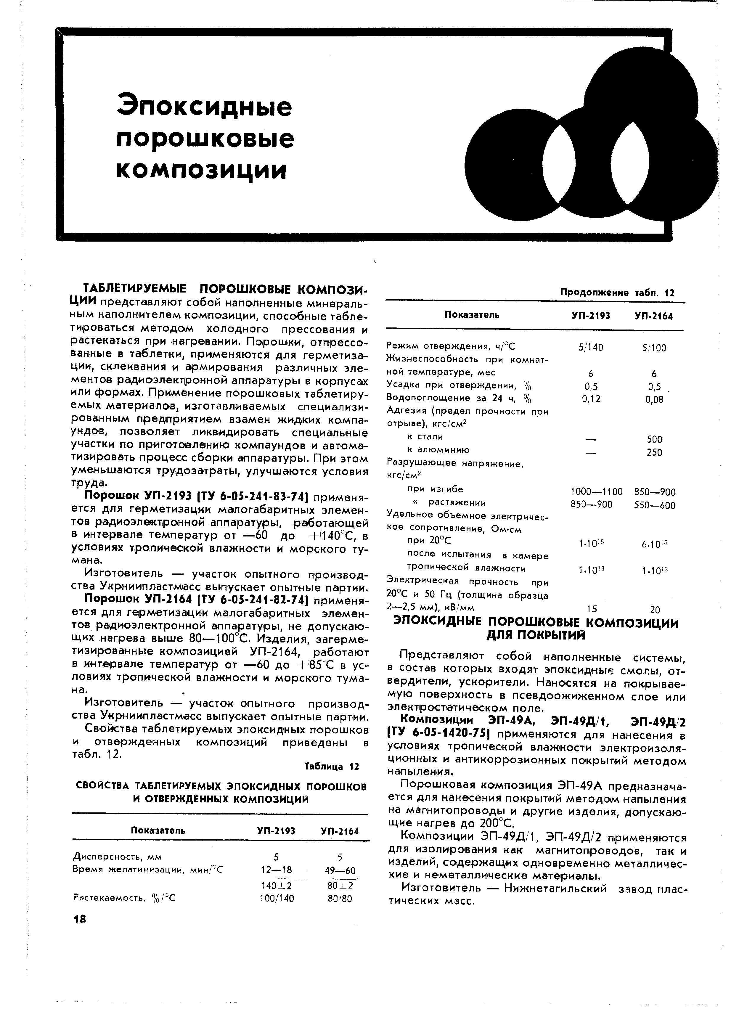 ТАБЛЕТИРУЕМЫЕ ПОРОШКОВЫЕ КОМПОЗИЦИИ представляют собой наполненные минеральным наполнителем композиции, способные табле-тироваться методом холодного прессования и растекаться при нагревании. Порошки, отпрессованные в таблетки, применяются для герметизации, склеивания и армирования различных элементов радиоэлектронной аппаратуры в корпусах или формах. Применение порошковых таблетиру-емых материалов, изготавливаемых специализированным предприятием взамен жидких компаундов, позволяет ликвидировать специальные участки по приготовлению компаундов и автоматизировать процесс сборки аппаратуры. При этом уменьшаются трудозатраты, улучшаются условия труда.
