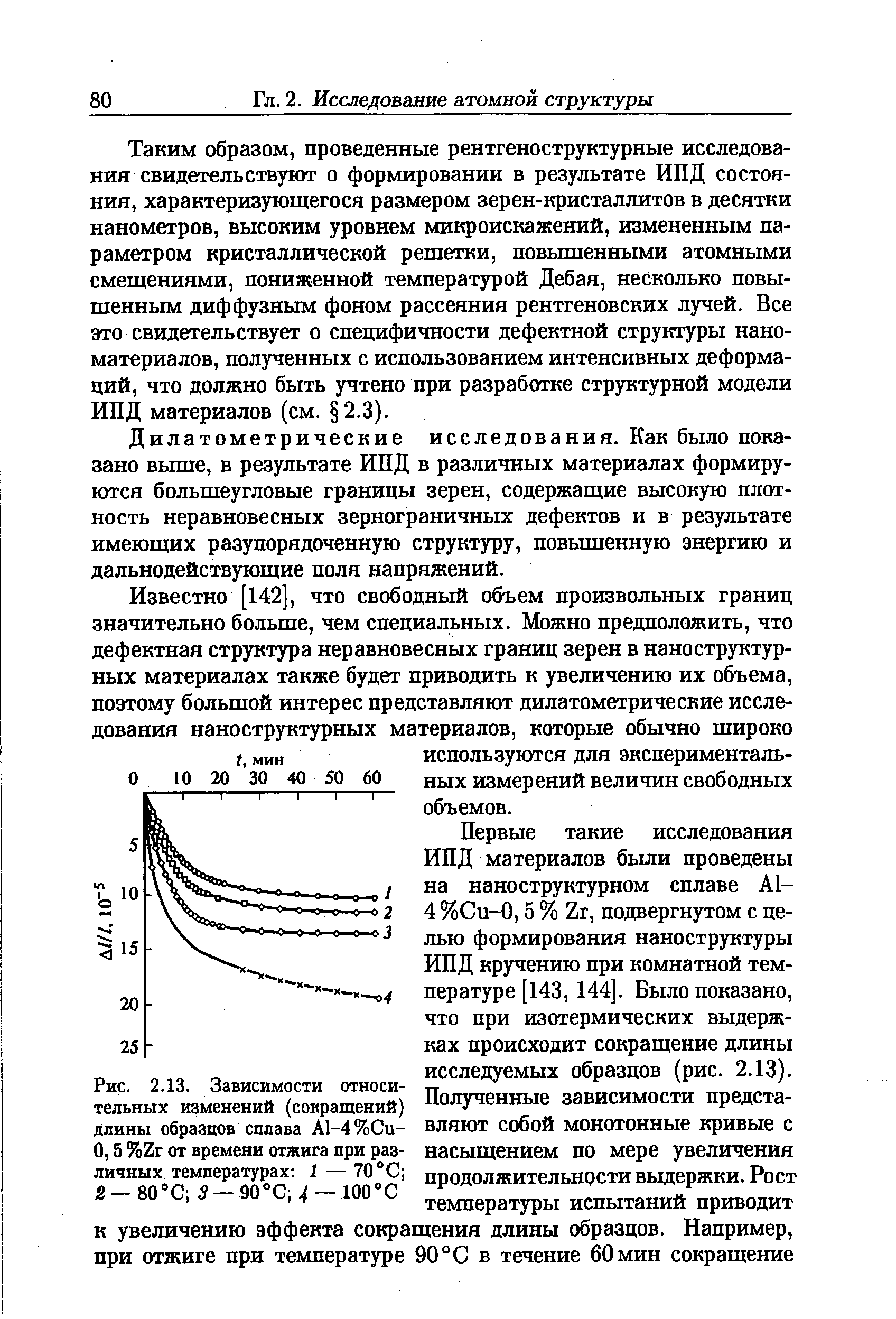 Рис. 2.13. Зависимости относительных изменений (сокращений) длины образцов сплава А1-4%Си-0,5 %Zr от времени отжига при различных температурах 1 — 70 С 2—80 С 5 —90 С . — 100°С
