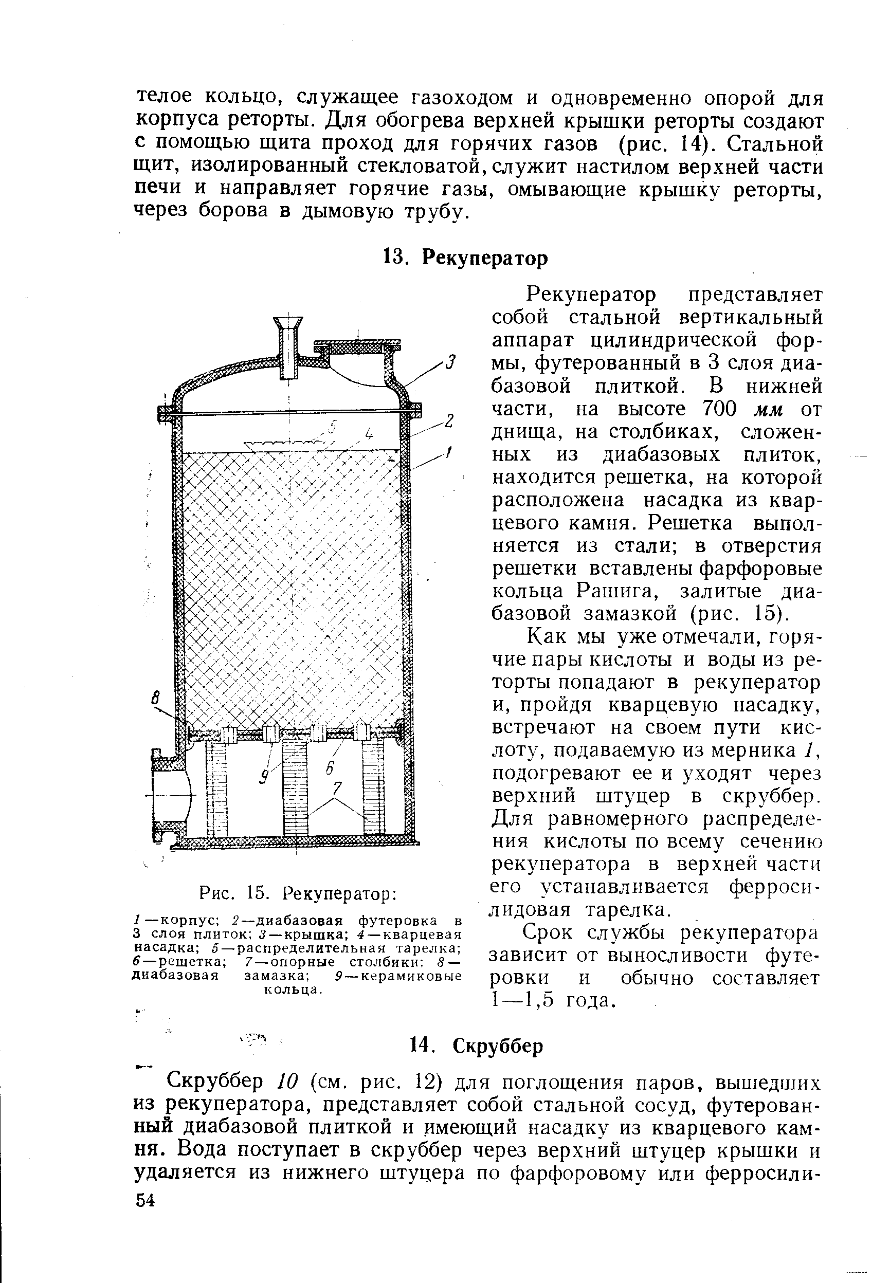Рекуператор представляет собой стальной вертикальный аппарат цилиндрической формы, футерованный в 3 слоя диабазовой плиткой. В нижней части, на высоте 700 мм от днища, на столбиках, сложенных из диабазовых плиток, находится рещетка, на которой расположена насадка из кварцевого камня. Решетка выполняется из стали в отверстия решетки вставлены фарфоровые кольца Рашига, залитые диабазовой замазкой (рис. 15).
