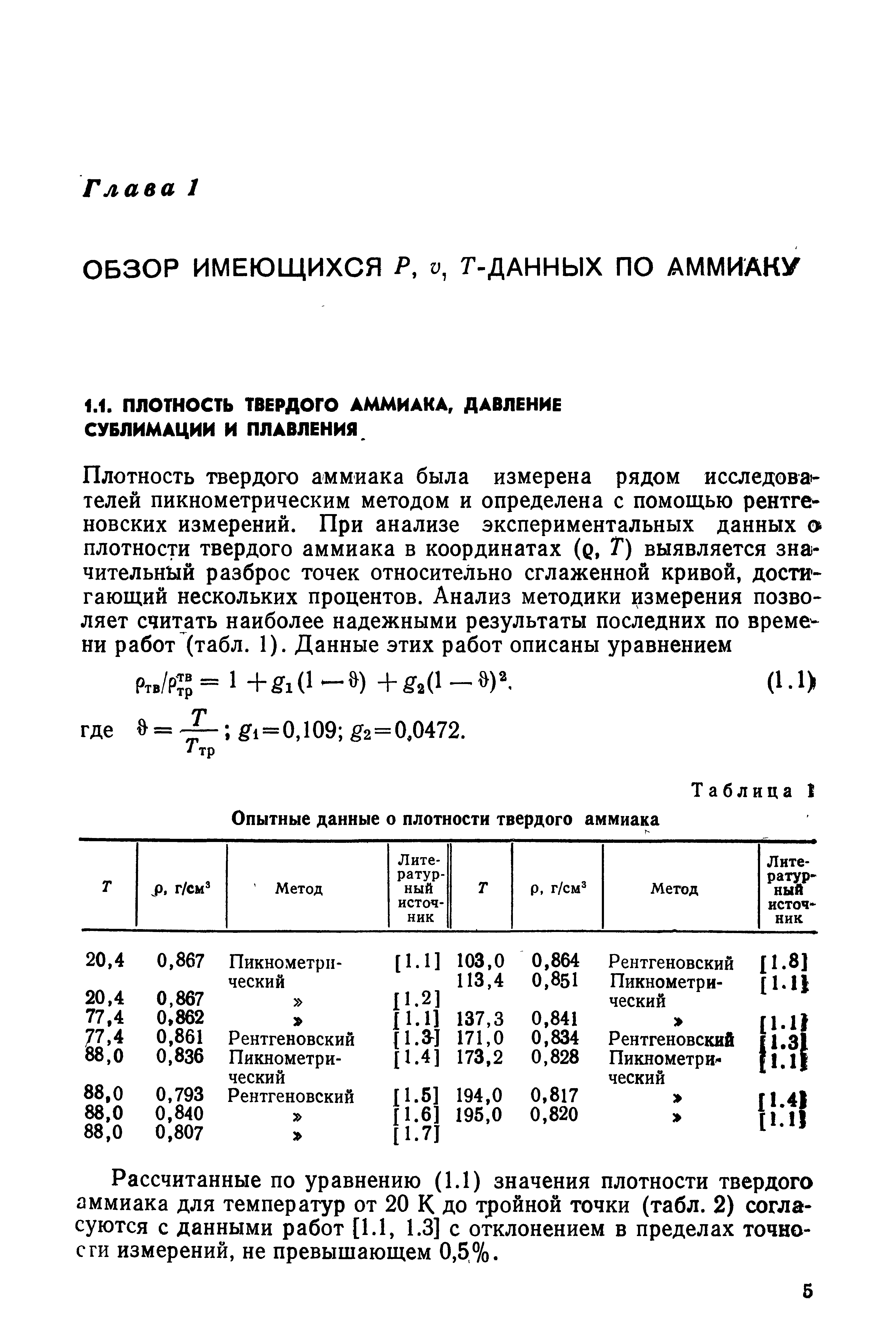 Рассчитанные по уравнению (1.1) значения плотности твердого аммиака для температур от 20 К до тройной точки (табл. 2) согласуются с данными работ [1.1, 1.3] с отклонением в пределах точности измерений, не превышающем 0,5%.
