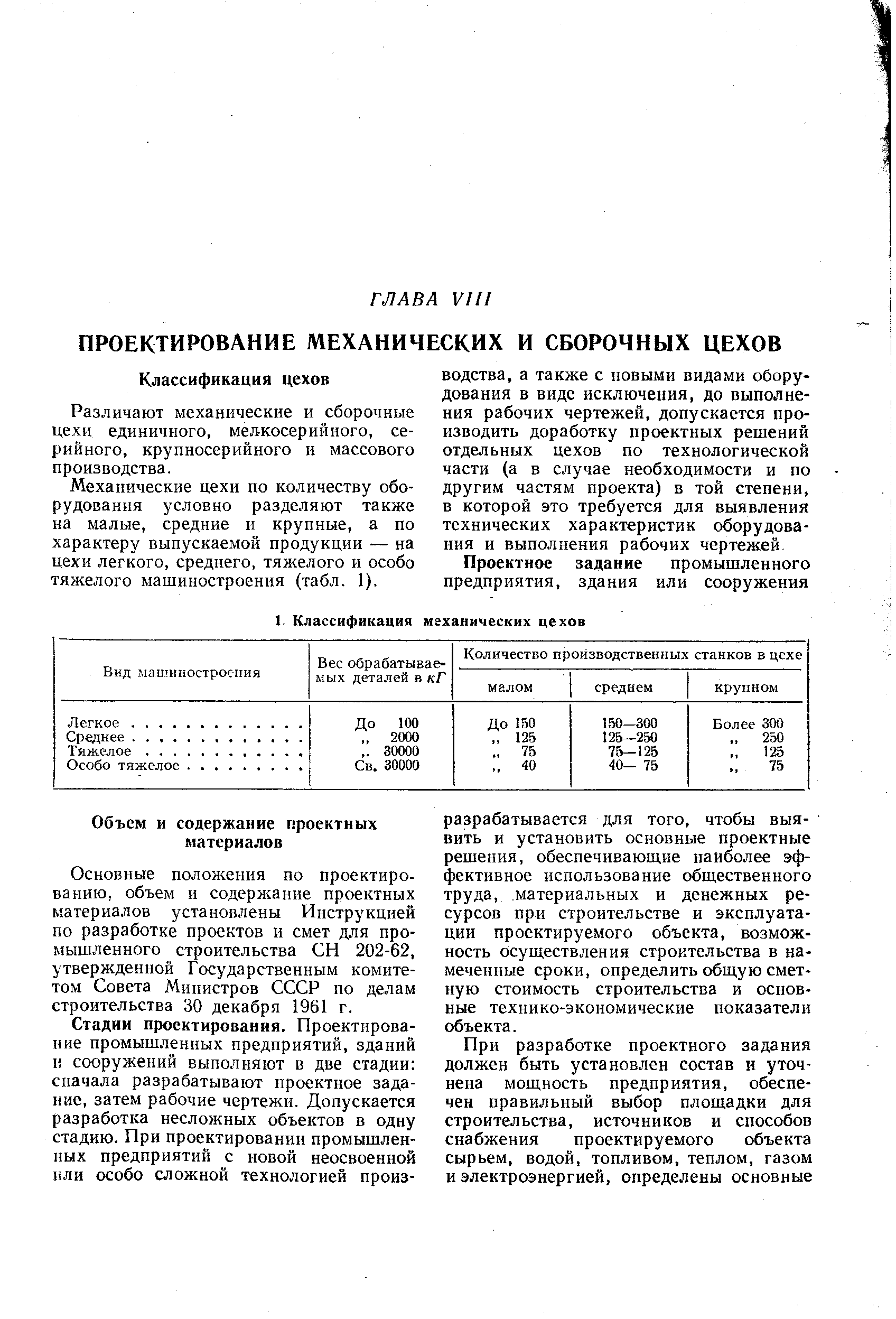 Основные положения по проектированию, объем и содержание проектных материалов установлены Инструкцией по разработке проектов и смет для промышленного строительства СН 202-62, утвержденной Государственным комитетом Совета Министров СССР по делам строительства 30 декабря 1961 г.
