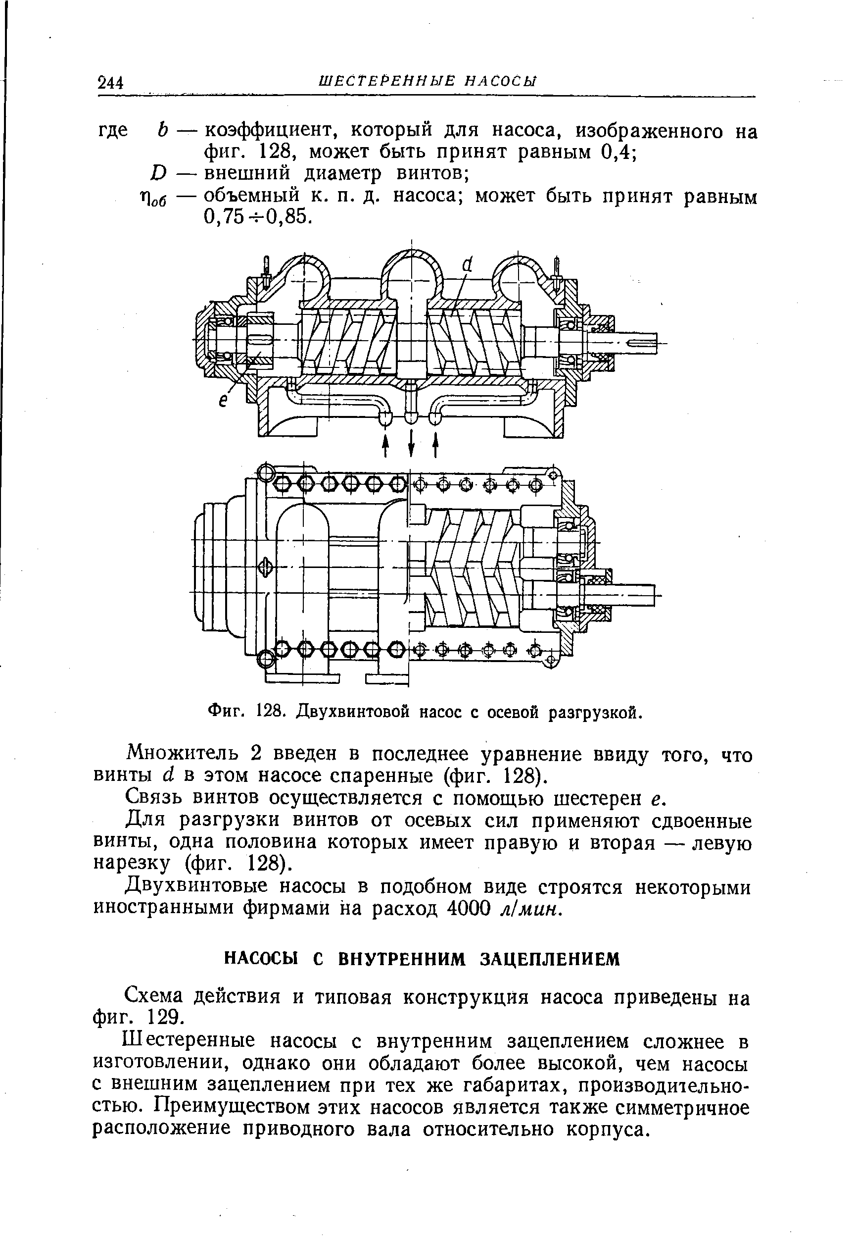 Фиг. 128. Двухвинтовой насос с осевой разгрузкой.
