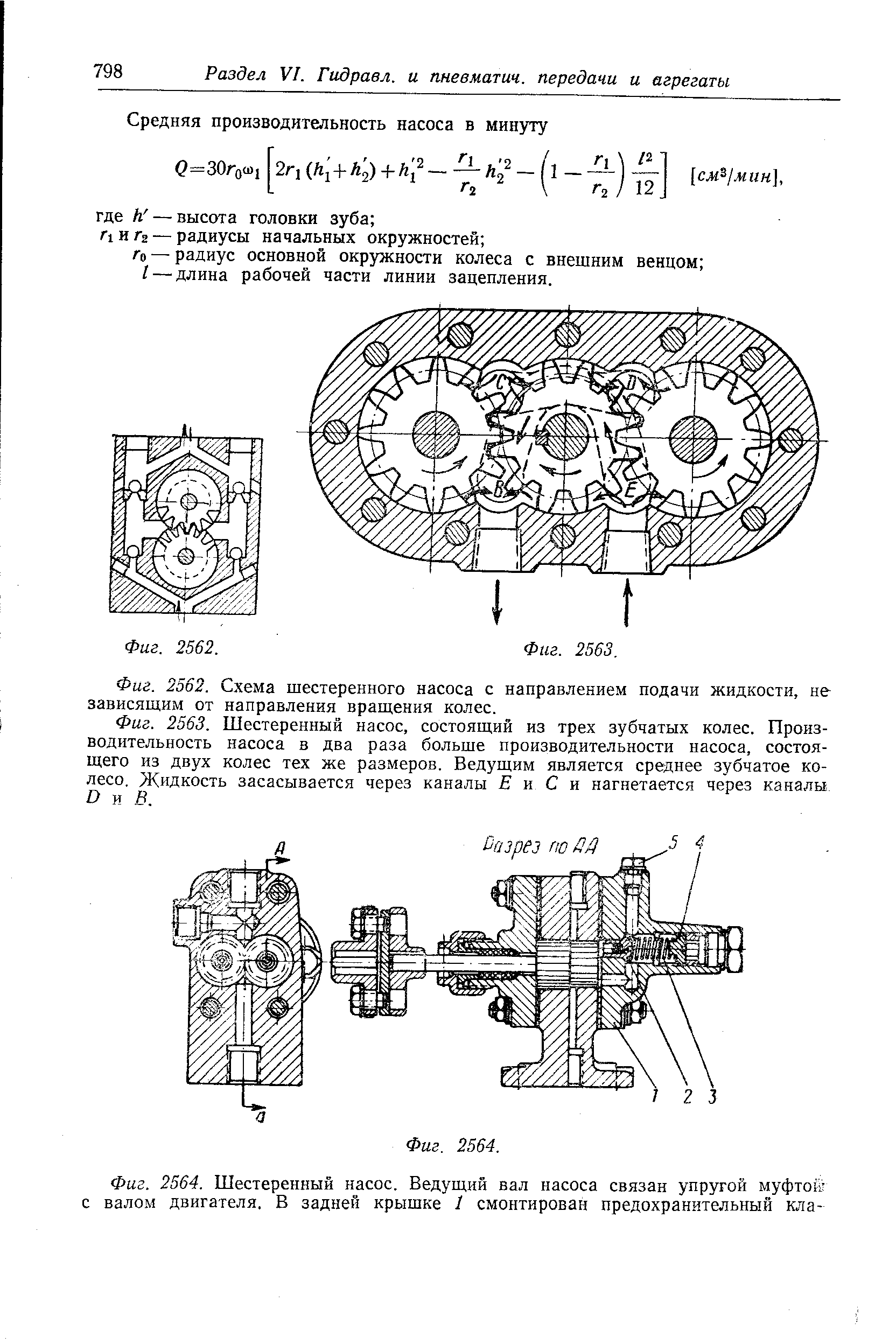 Фиг. 2563. <a href="/info/27485">Шестеренный насос</a>, состоящий из трех <a href="/info/999">зубчатых колес</a>. <a href="/info/56734">Производительность насоса</a> в два раза больше <a href="/info/56734">производительности насоса</a>, состоящего из двух колес тех же размеров. Ведущим является среднее <a href="/info/999">зубчатое колесо</a>, Жидкость засасывается через каналы и С и нагнетается через каналы О к В.
