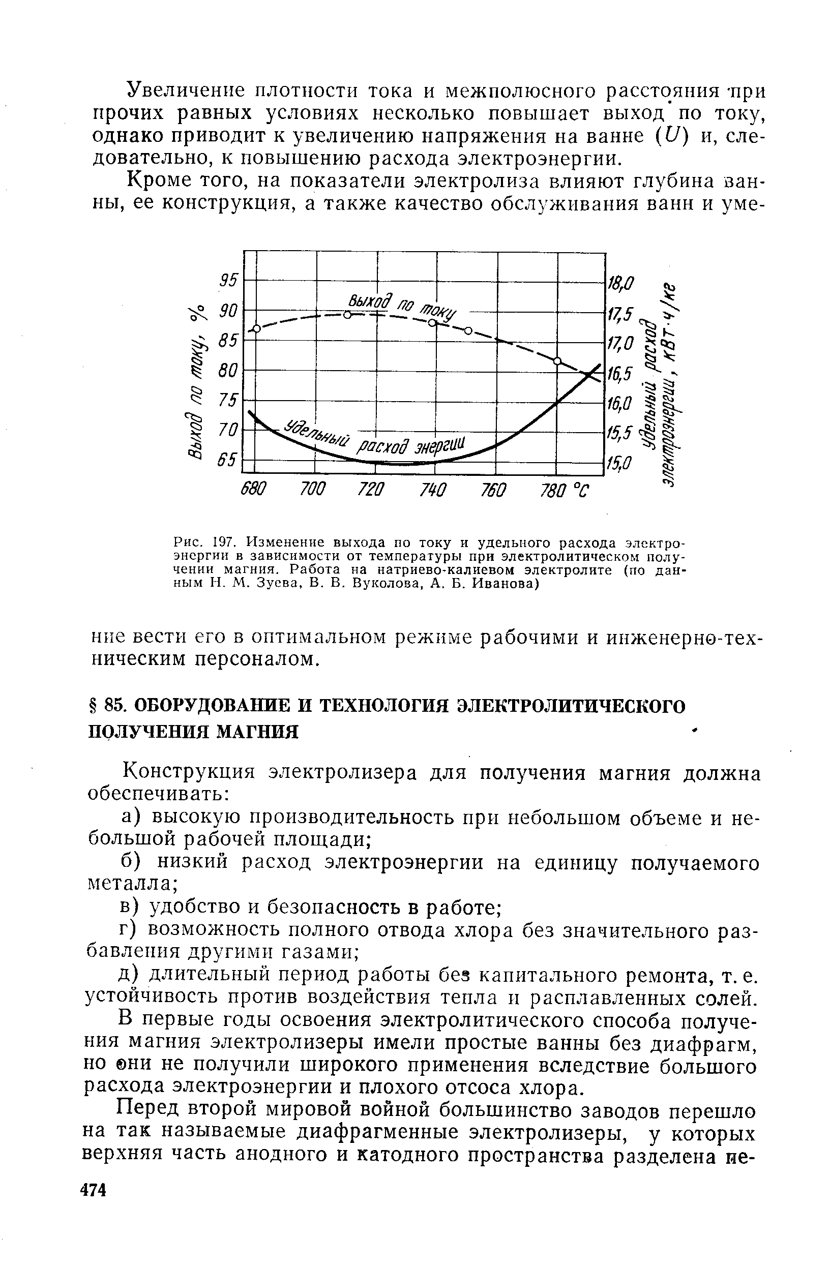 Рис. 197. Изменение выхода по току и <a href="/info/94773">удельного расхода электроэнергии</a> в зависимости от температуры при электролитическом получении магния. Работа на натриево-калиевом электролите (по данным И. М. Зуева, В. В. Вуколова, А. Б. Иванова)
