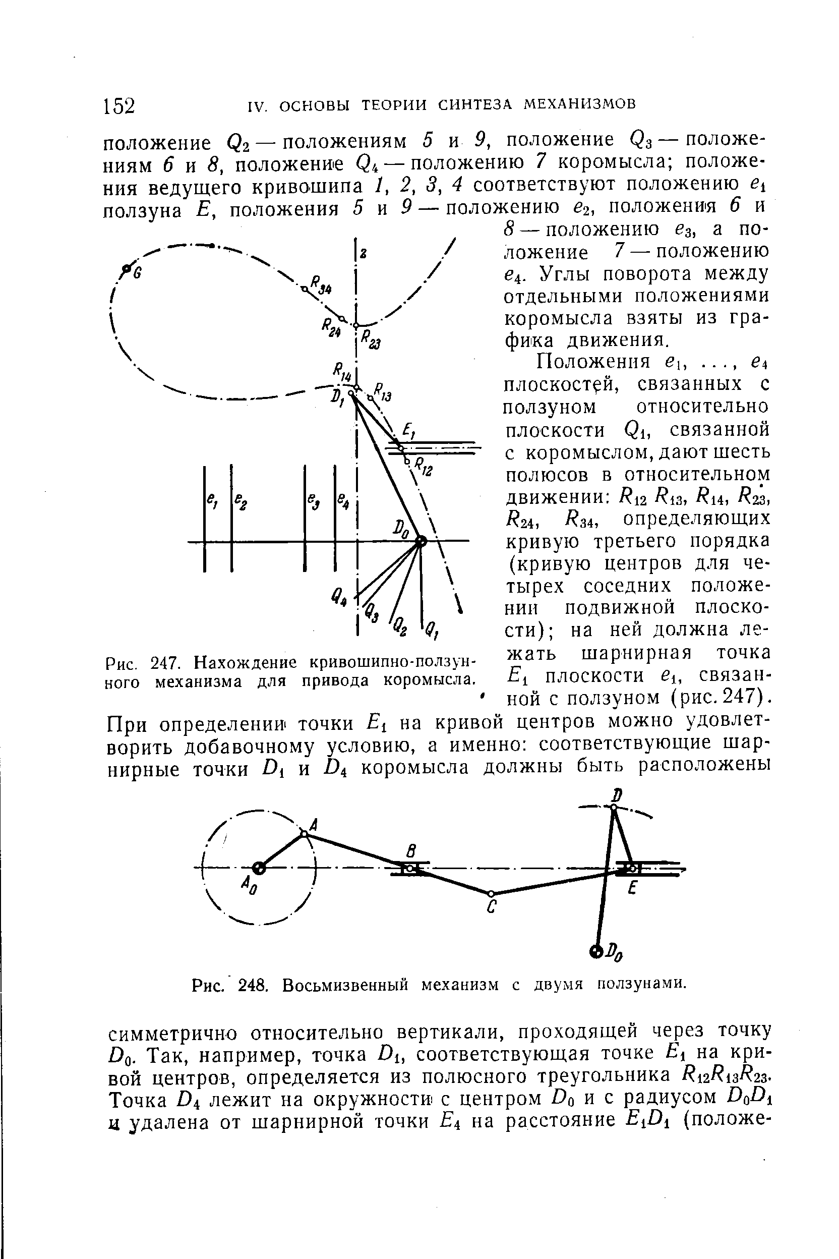 Рис. 247. Нахождение <a href="/info/284397">кривошипно-ползун</a>-ного механизма для привода коромысла.
