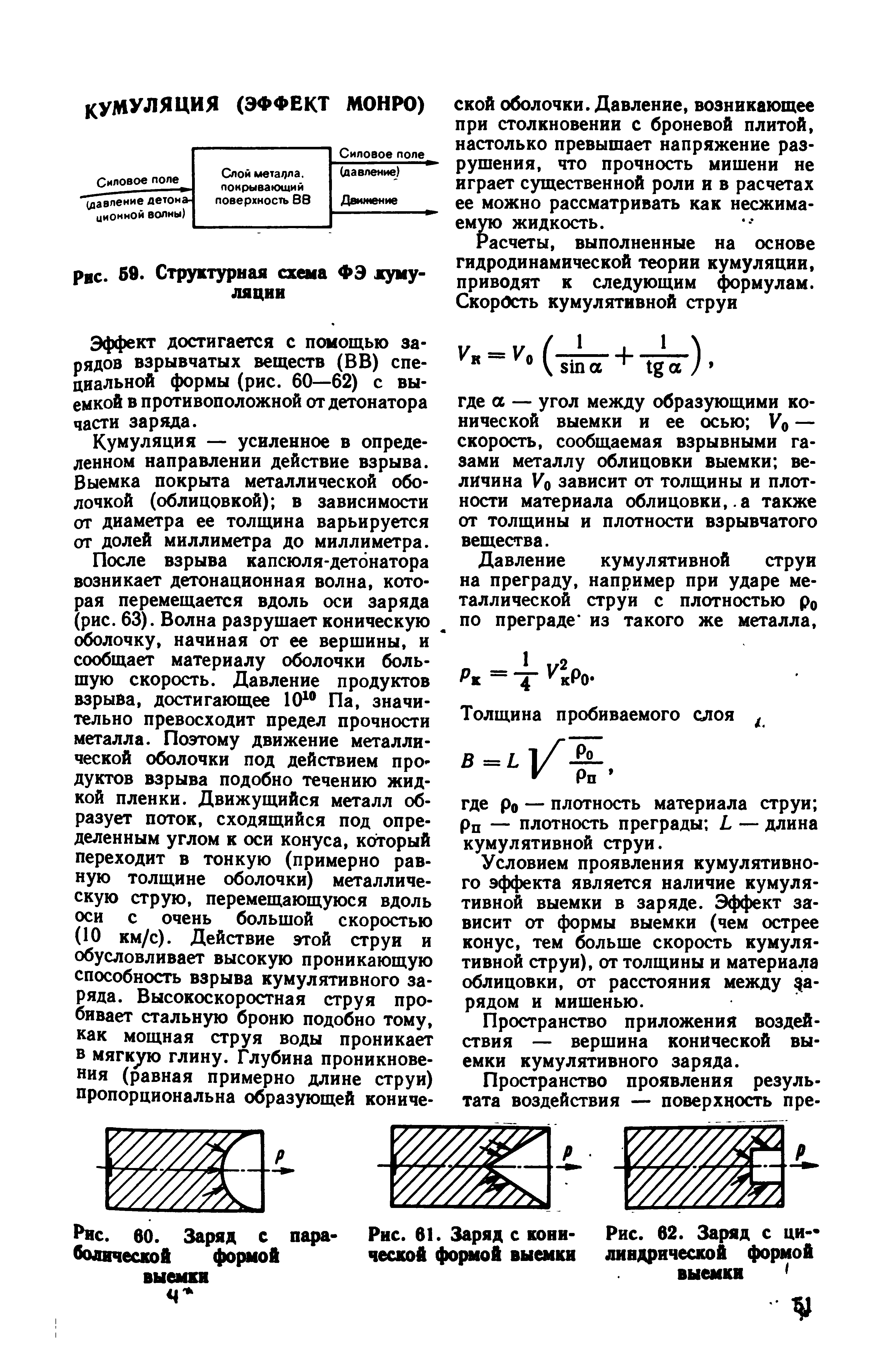 Эффект достигается с помощью зарядов взрывчатых веществ (ВВ) специальной формы (рис. 60—62) с выемкой в противоположной от детонатора части заряда.

