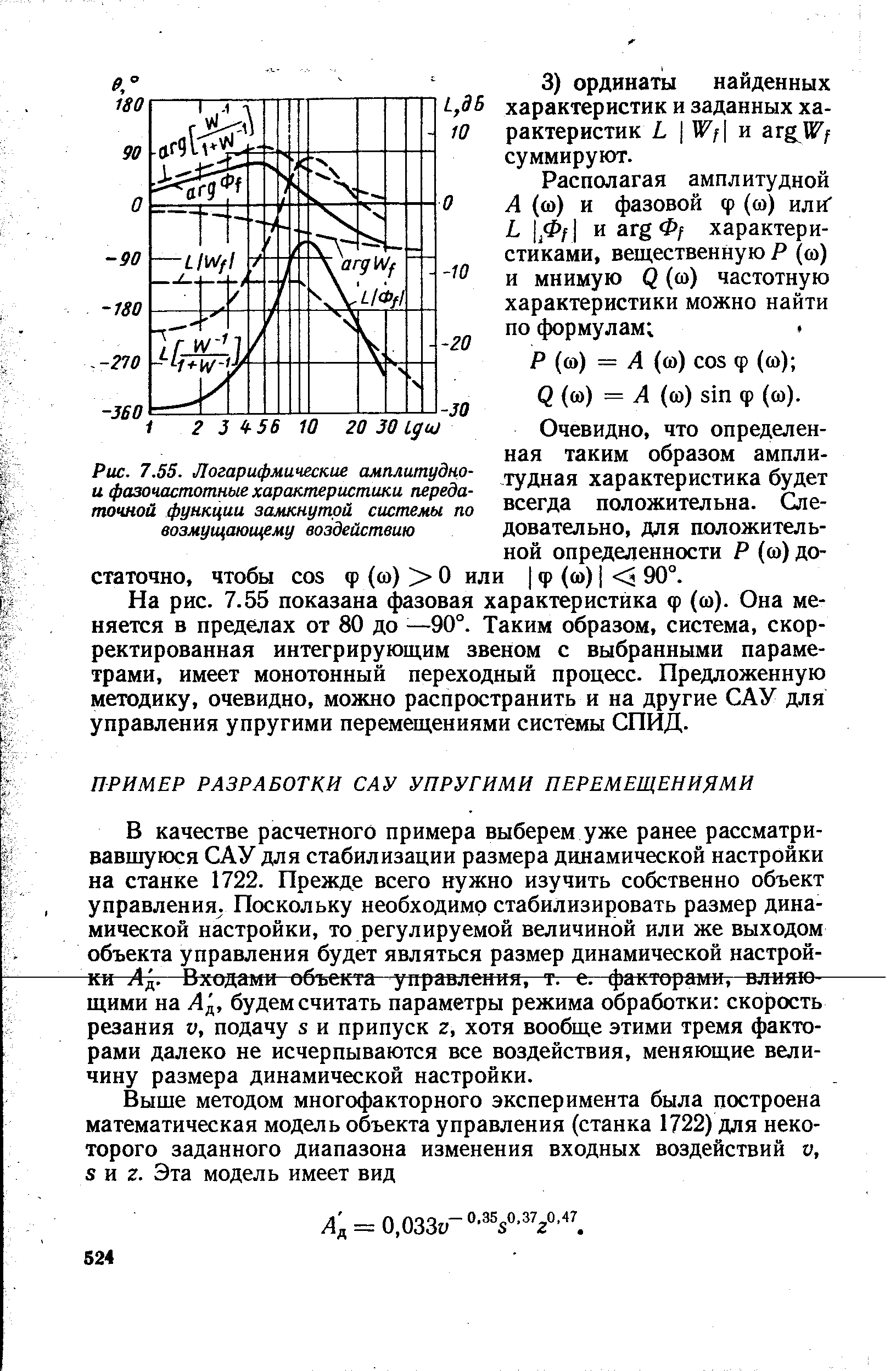 Рис. 7.55. Логарифмические амплитудно-и <a href="/info/21635">фазочастотные характеристики</a> передаточной <a href="/info/247989">функции замкнутой системы</a> по возмущающему воздействию
