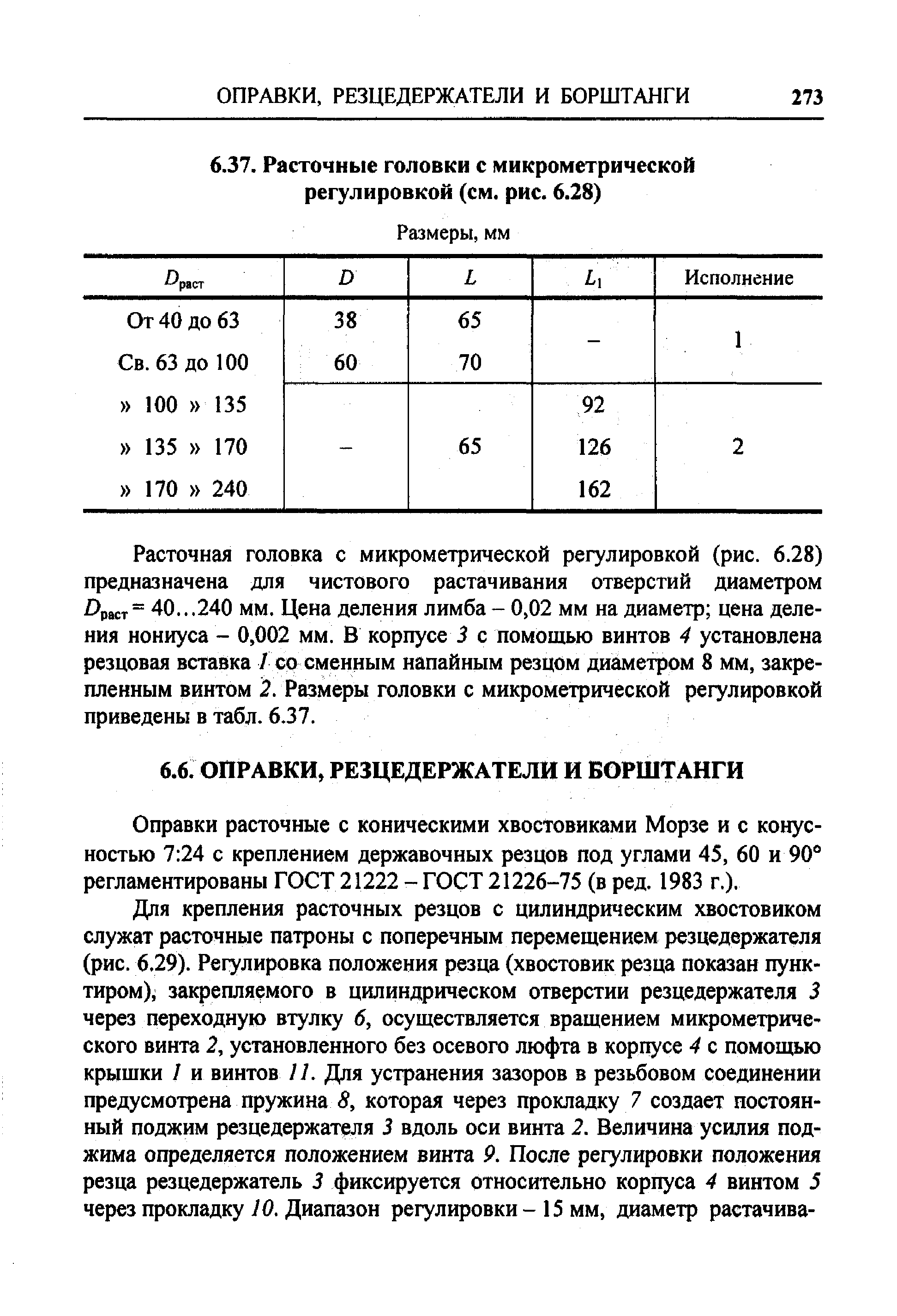 Расточная головка с микрометрической регулировкой (рис. 6.28) предназначена для чистового растачивания отверстий диаметром Dpa T= 40...240 мм. Цена деления лимба - 0,02 мм на диаметр цена деления нониуса - 0,002 мм. В корпусе i с помощью винтов 4 установлена резцовая вставка / со сменным напайным резцом диаметром 8 мм, закрепленным винтом 2. Размеры головки с микрометрической регулировкой приведены в табл. 6.37.
