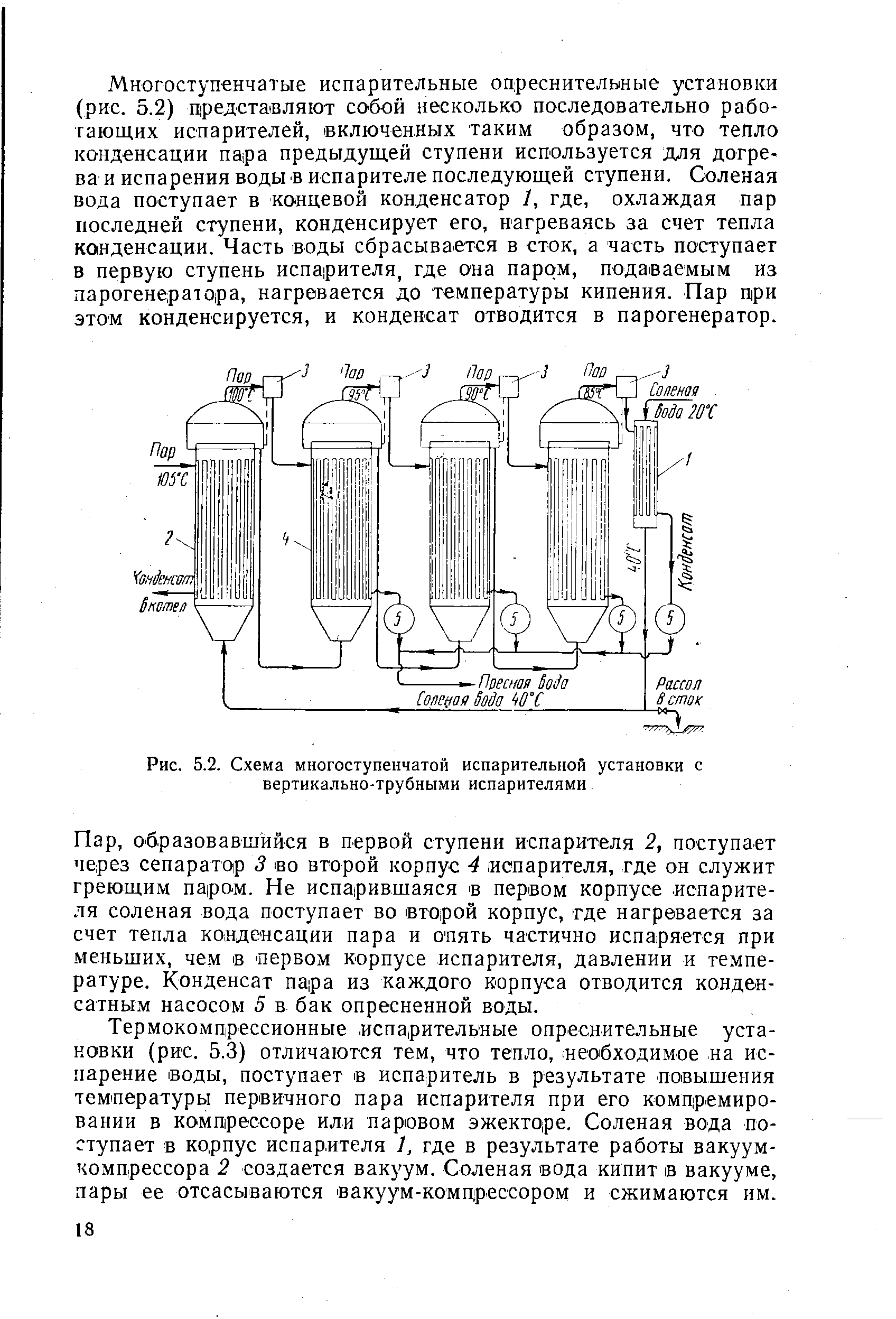 Рис. 5.2. Схема многоступенчатой испарительной установки с вертикально-трубными испарителями
