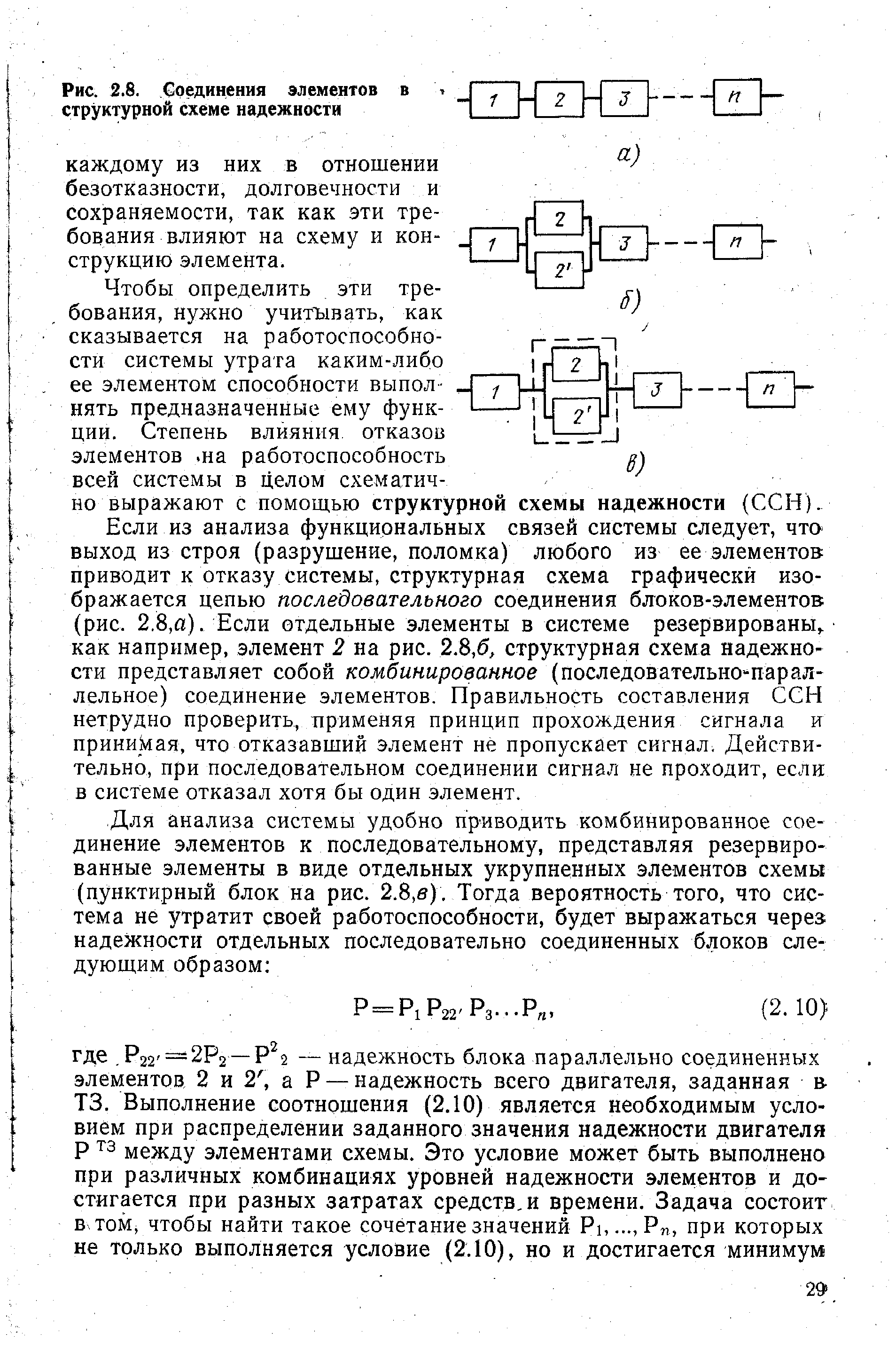 Чтобы определить эти требования, нужно учитывать, как сказывается на работоспособности системы утрата каким-либо ее элементом способности выполнять предназначенные ему функции. Степень влияния отказов элементов. на работоспособность всей системы в целом схематично выражают с помощью структурной схемы надежности (ССН).
