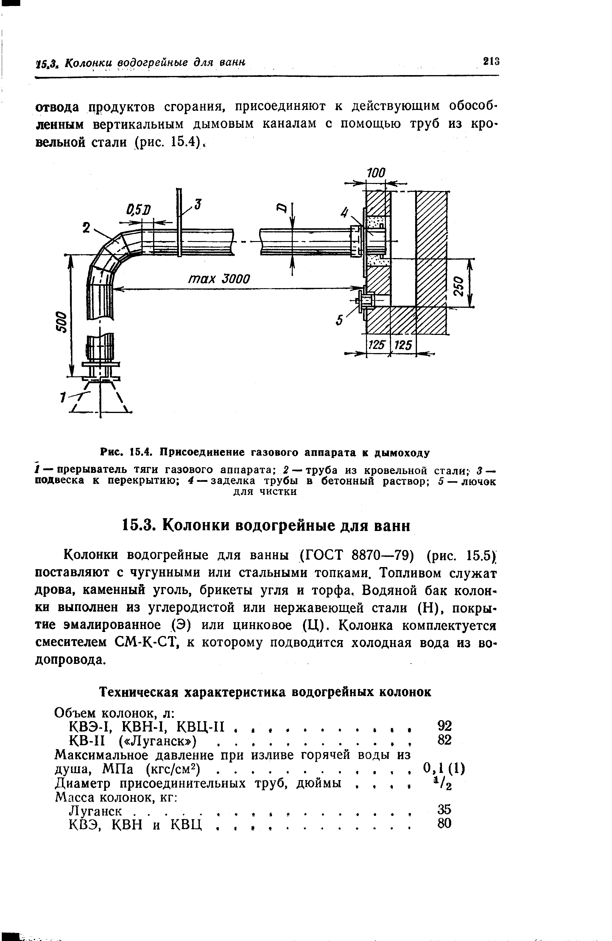 Колонки водогрейные для ванны (ГОСТ 8870—79) (рис. 15.5) поставляют с чугунными или стальными топками. Топливом служат дрова, каменный уголь, брикеты угля и торфа. Водяной бак колонки выполнен из углеродистой или нержавеющей стали (Н), покрытие эмалированное (Э) или цинковое (Ц), Колонка комплектуется смесителем СМ-К-СТ, к которому подводится холодная вода из водопровода.
