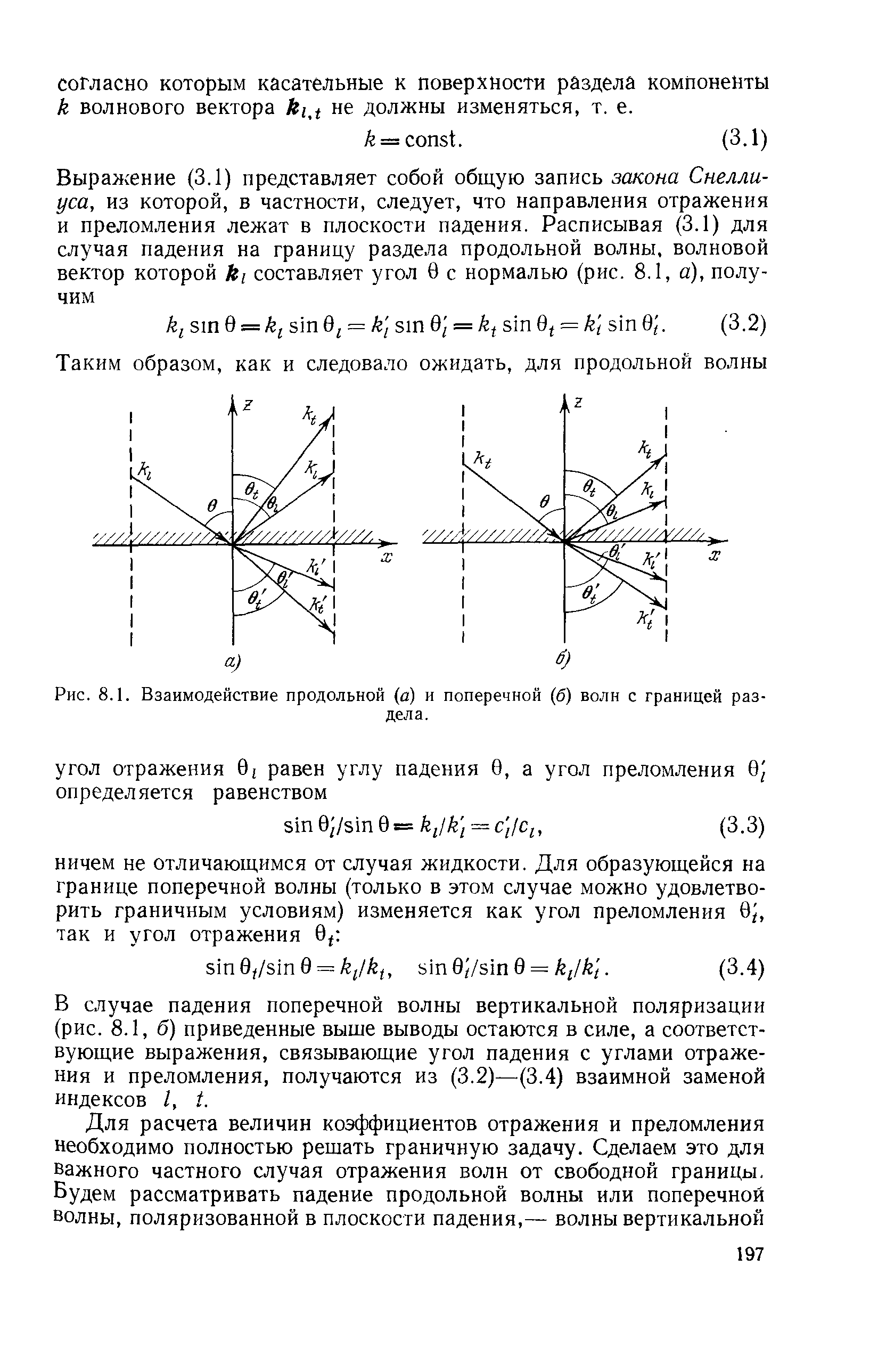 В случае падения поперечной волны вертикальной поляризации (рис. 8.1, б) приведенные выше выводы остаются в силе, а соответствующие выражения, связывающие угол падения с углами отражения и преломления, получаются из (3.2)—(3.4) взаимной заменой индексов /, t.

