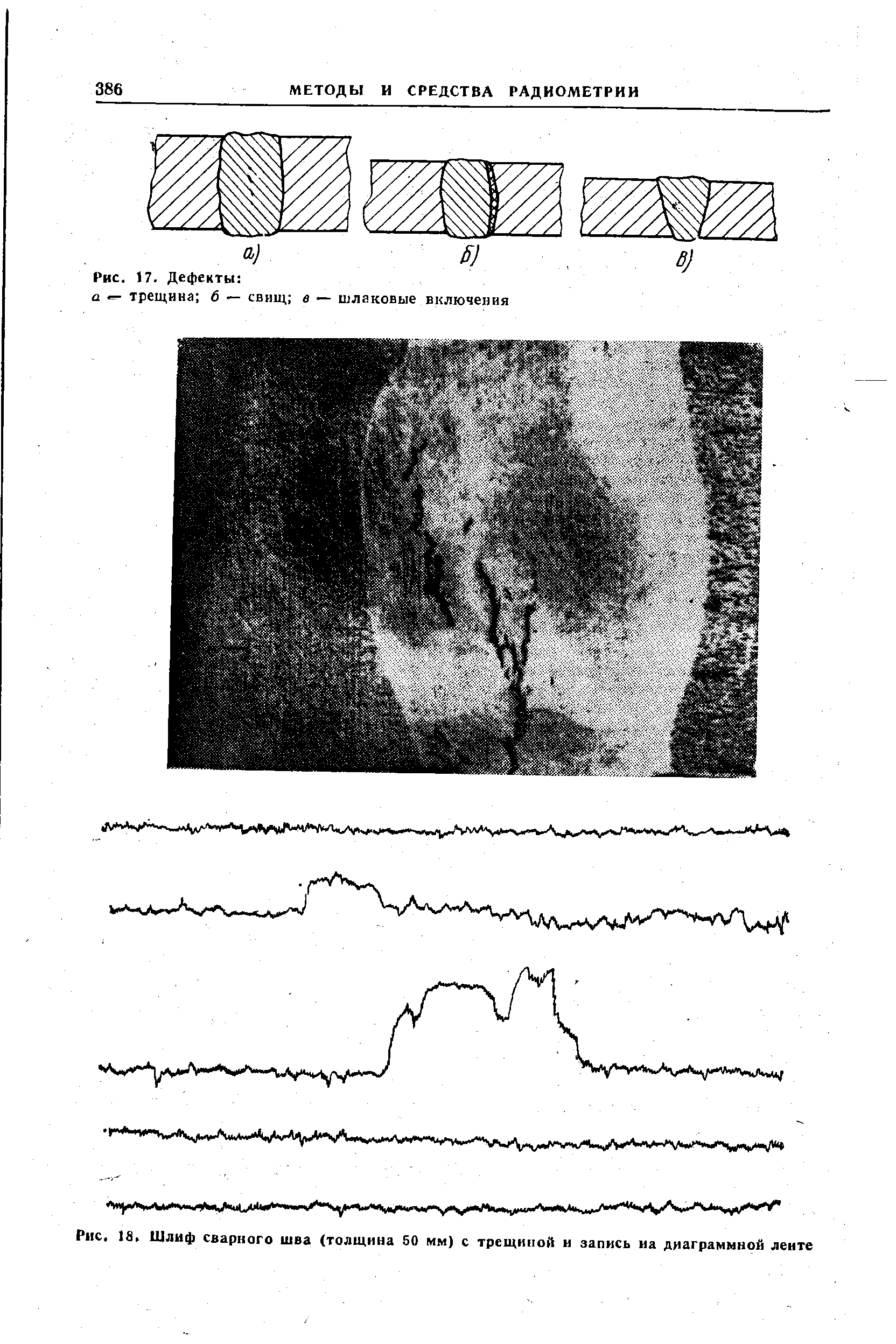 Рис. 18. Шлиф сварного шва (толщина 50 мм) с трещиной и запись на диаграммной ленте
