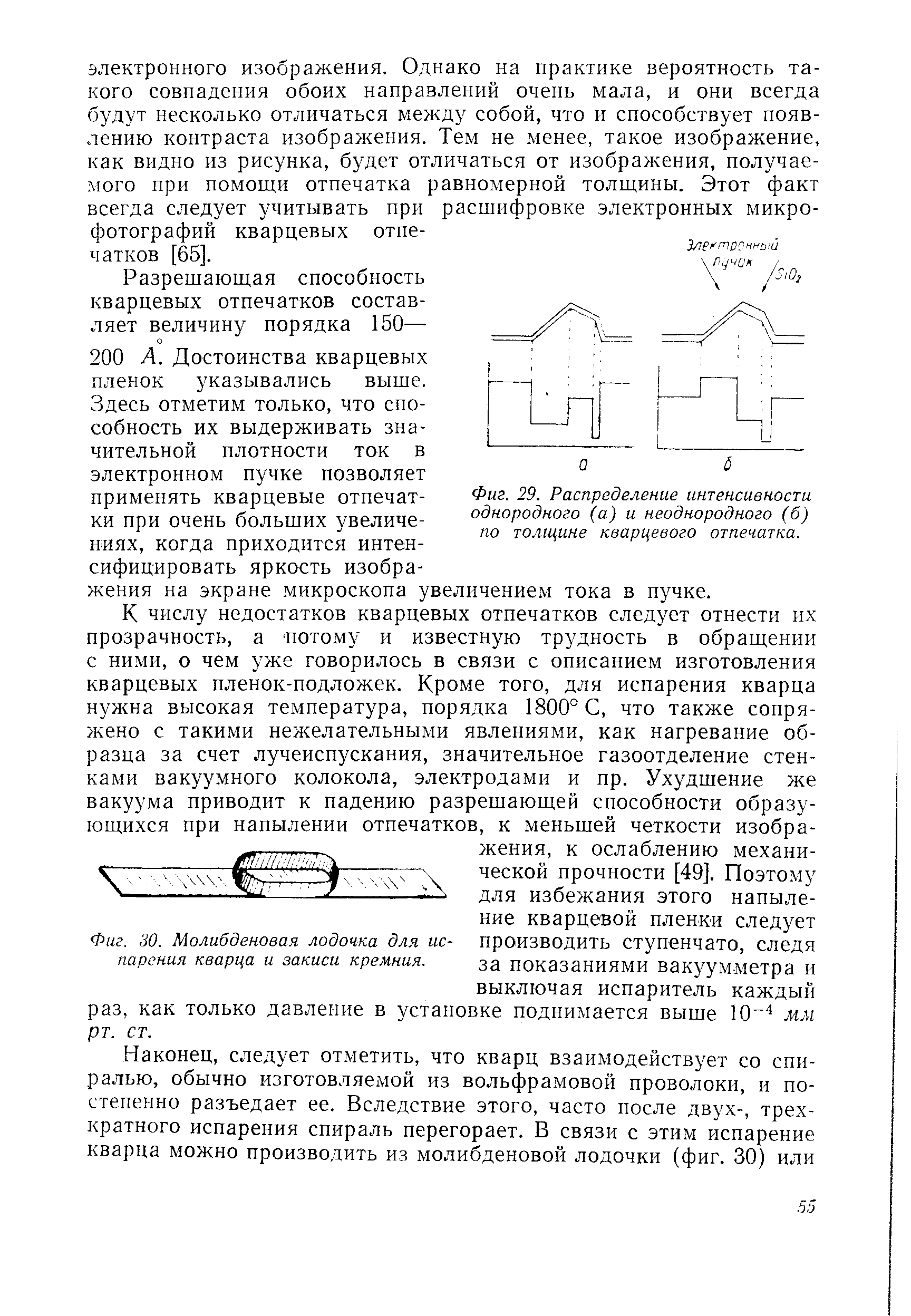 Фиг. 29. <a href="/info/174637">Распределение интенсивности</a> однородного (а) и неоднородного (б) по толщине кварцевого отпечатка.
