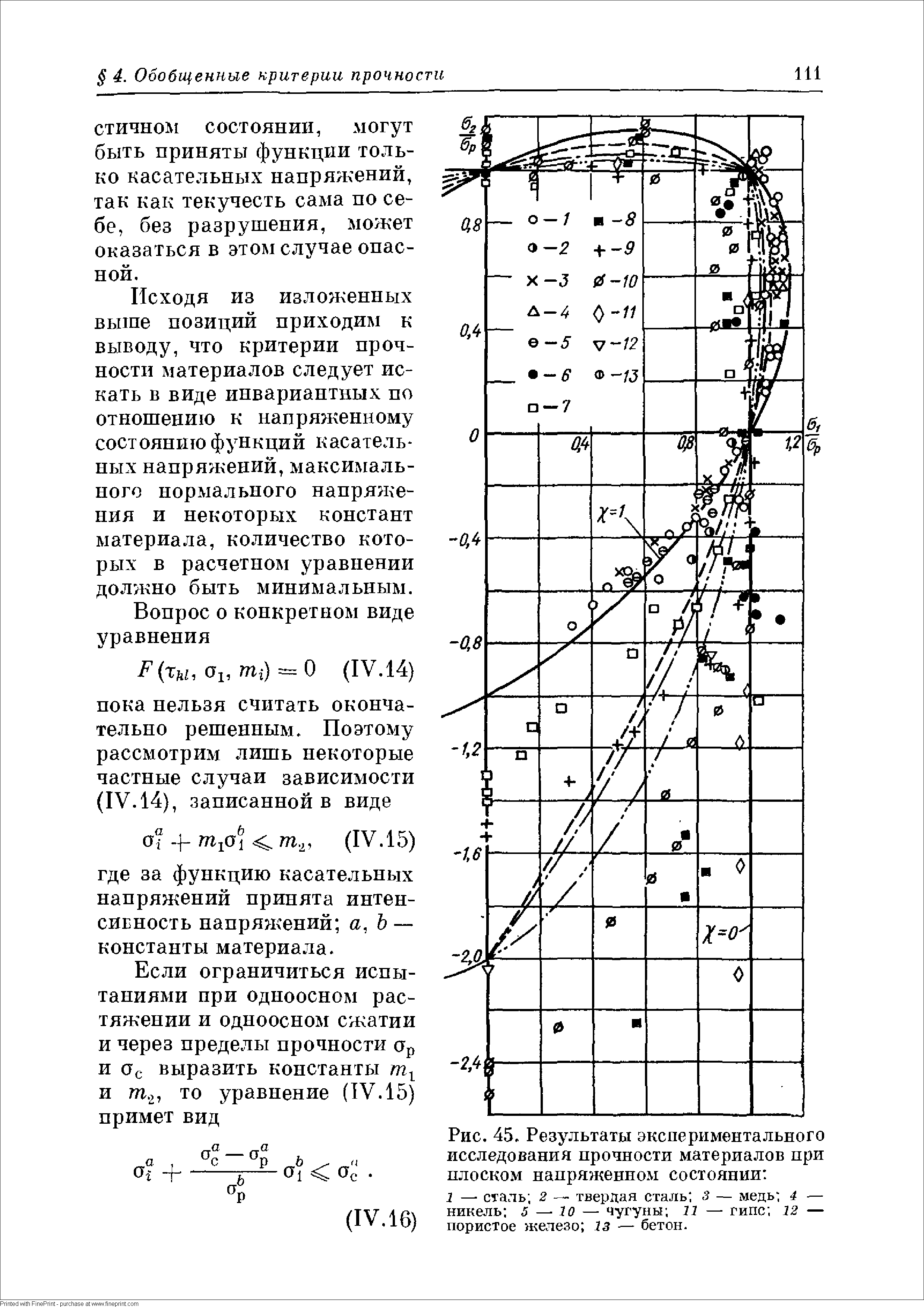 Рис. 45. <a href="/info/467733">Результаты экспериментального исследования</a> прочности материалов при <a href="/info/242820">плоском напряженном</a> состоянии 
