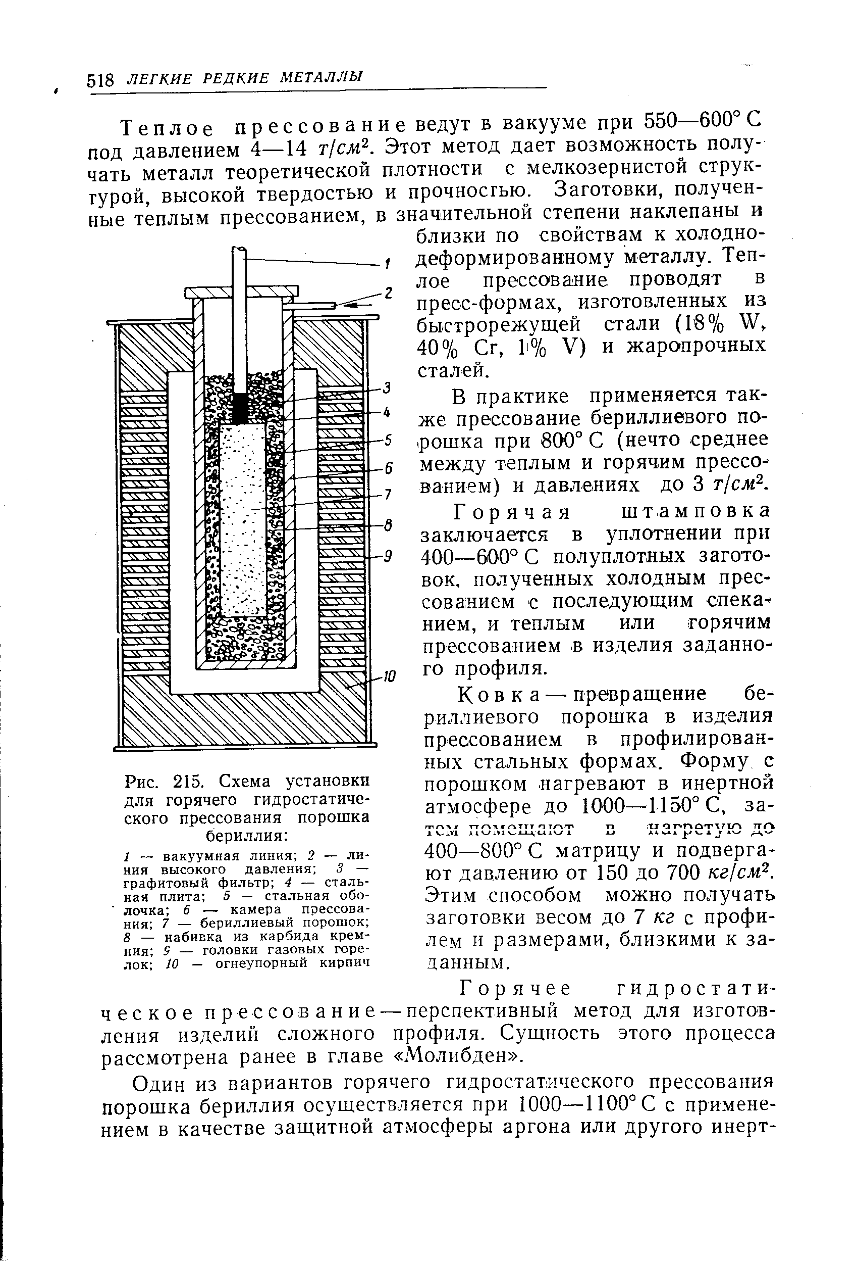 Рис. 215. Схема установки для горячего гидростатического прессования порошка бериллия 
