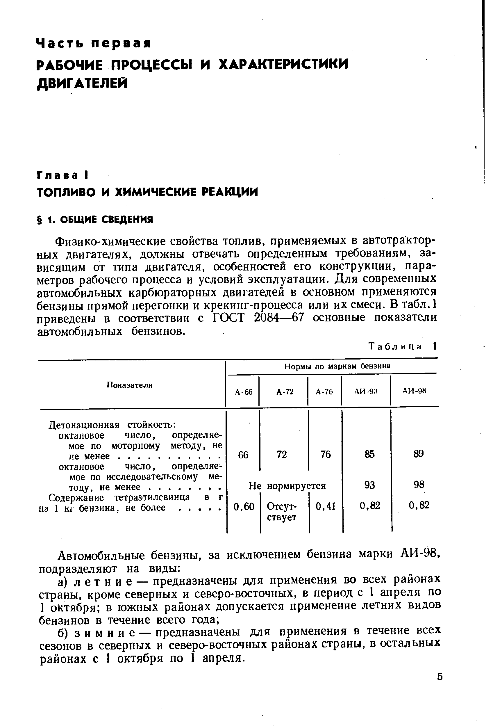 Физико-химические свойства топлив, применяемых в автотракторных двигателях, должны отвечать определенным требованиям, зависящим от типа двигателя, особенностей его конструкции, параметров рабочего процесса и условий эксплуатации. Для современных автомобильных карбюраторных двигателеи в основном применяются бензины прямой перегонки и крекинг-процесса или их смеси. В табл.1 приведены в соответствии с ГОСТ 2084—67 основные показатели автомобильных бензинов.
