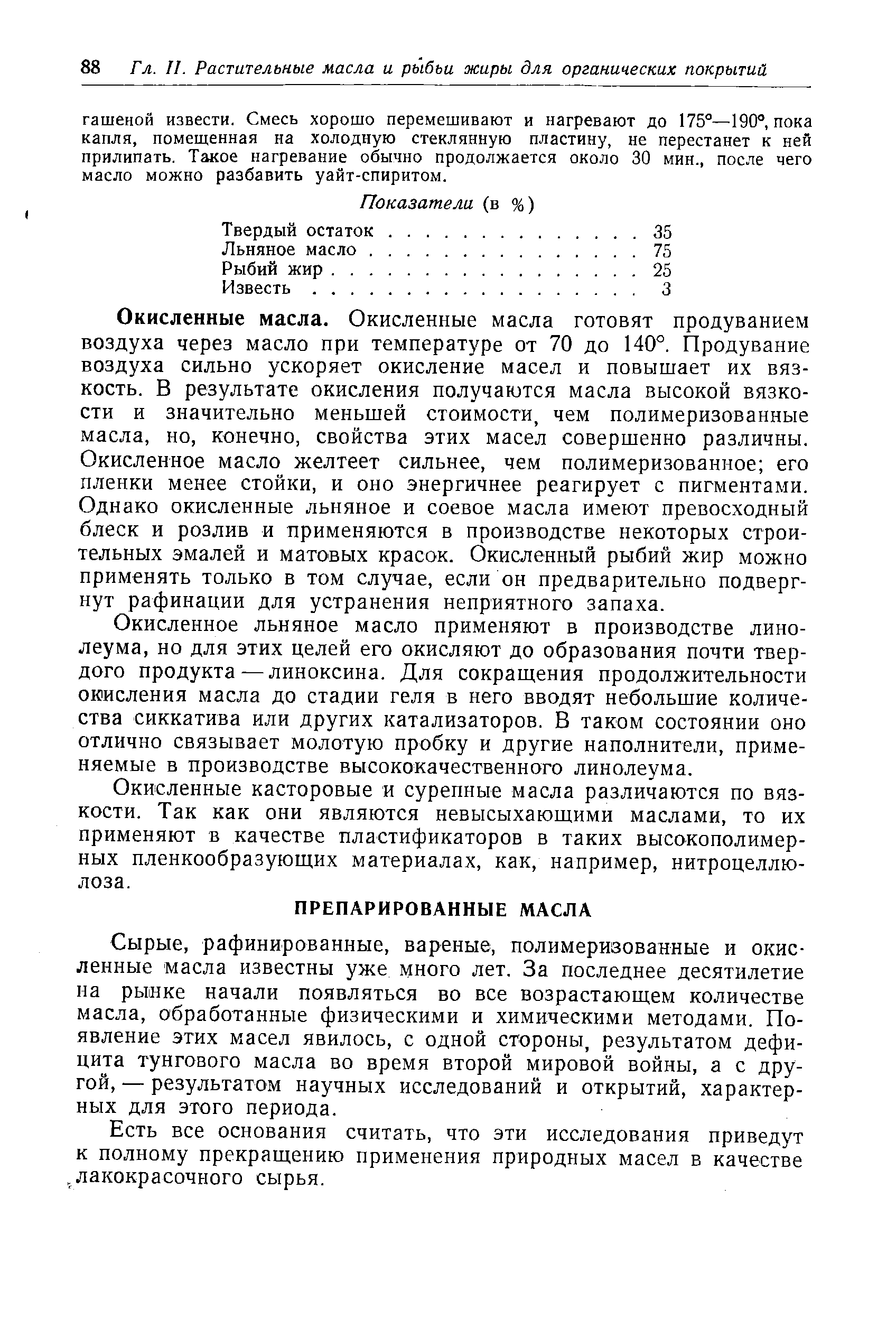 рафинированные, вареные, полимеризованные и окисленные масла известны уже много лет. За последнее десятилетие на рынке начали появляться во все возрастающем количестве масла, обработанные физическими и химическими методами. Появление этих масел явилось, с одной стороны, результатом дефицита тунгового масла во время второй мировой войны, а с другой, — результатом научных исследований и открытий, характерных для этого периода.
