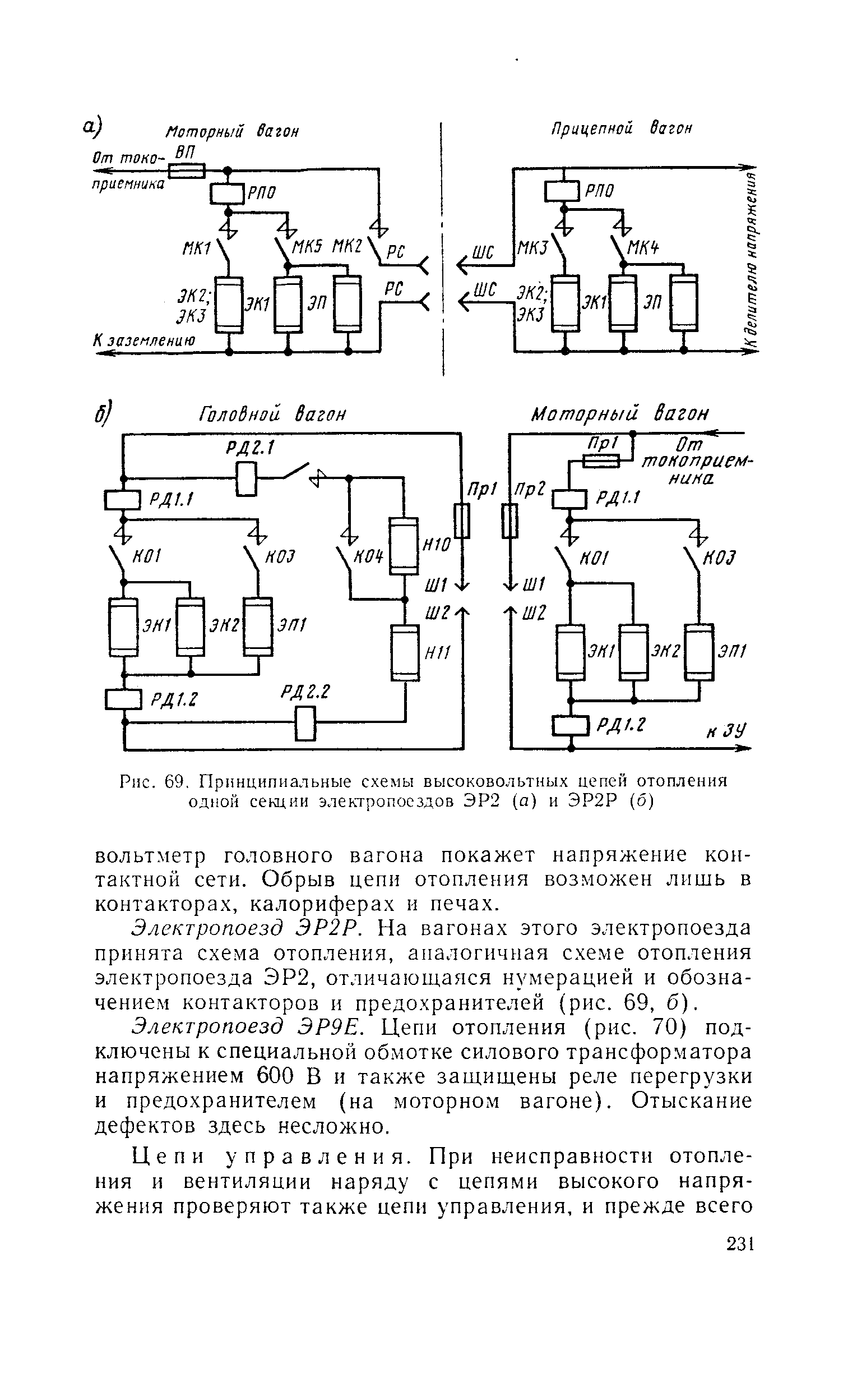 Рис. 69. <a href="/info/4763">Принципиальные схемы</a> высоковольтных цепей отопления одной секции электропоездов ЭР2 (а) и ЭР2Р (б)

