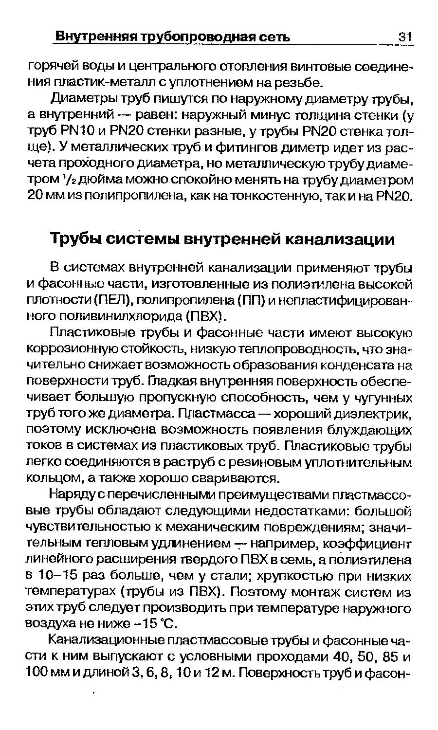 В системах внутренней канализации применяют трубы и фасонные части, изготовленные из полиэтилена высокой плотности (ПЕЛ), полипропилена (ПП) и непластифицирован-ного поливинилхлорида (ПВХ).
