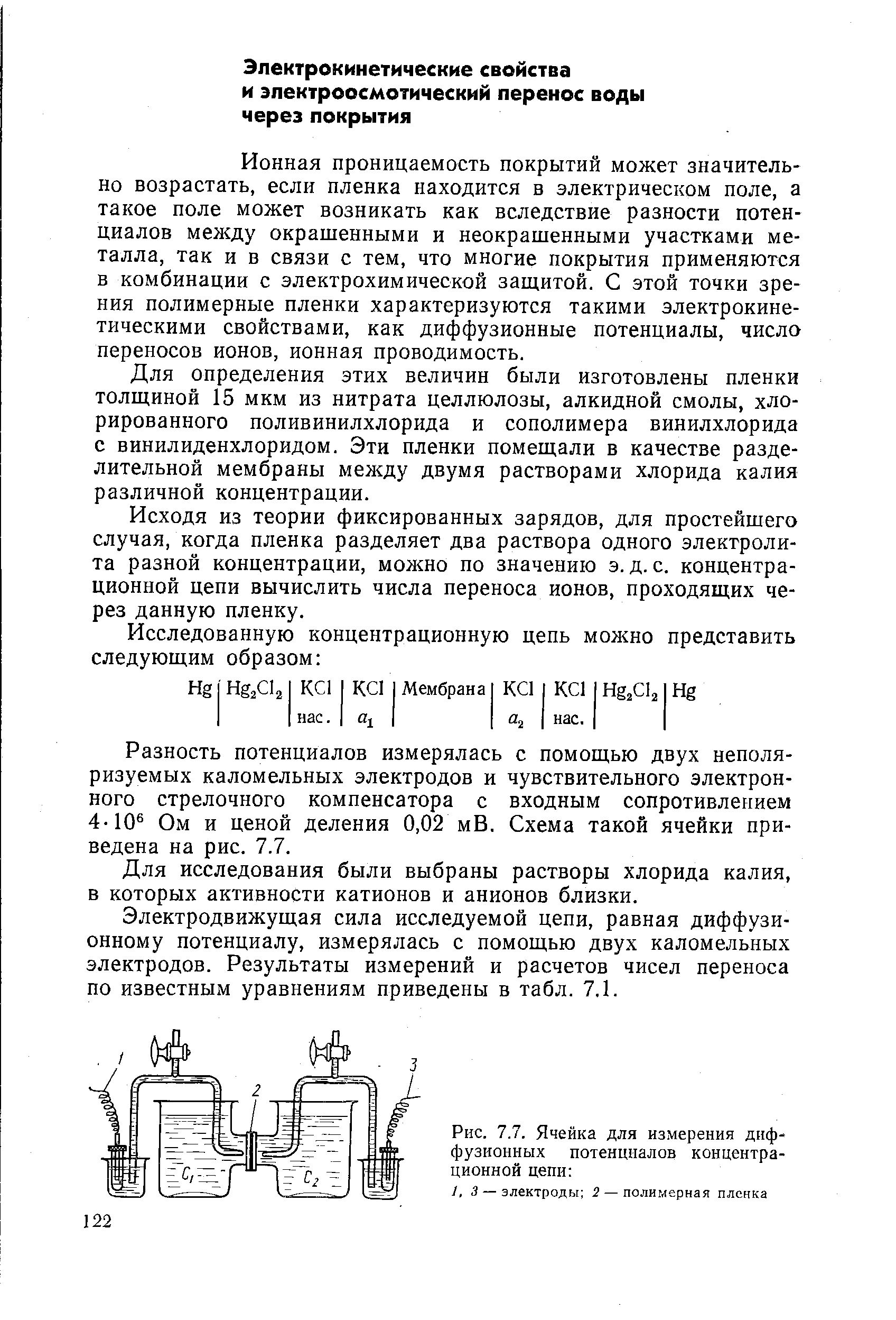 Ионная проницаемость покрытий может значительно возрастать, если пленка находится в электрическом поле, а такое поле может возникать как вследствие разности потенциалов между окрашенными и неокрашенными участками металла, так и в связи с тем, что многие покрытия применяются в комбинации с электрохимической защитой. С этой точки зрения полимерные пленки характеризуются такими электрокине-тическими свойствами, как диффузионные потенциалы, число переносов ионов, ионная проводимость.
