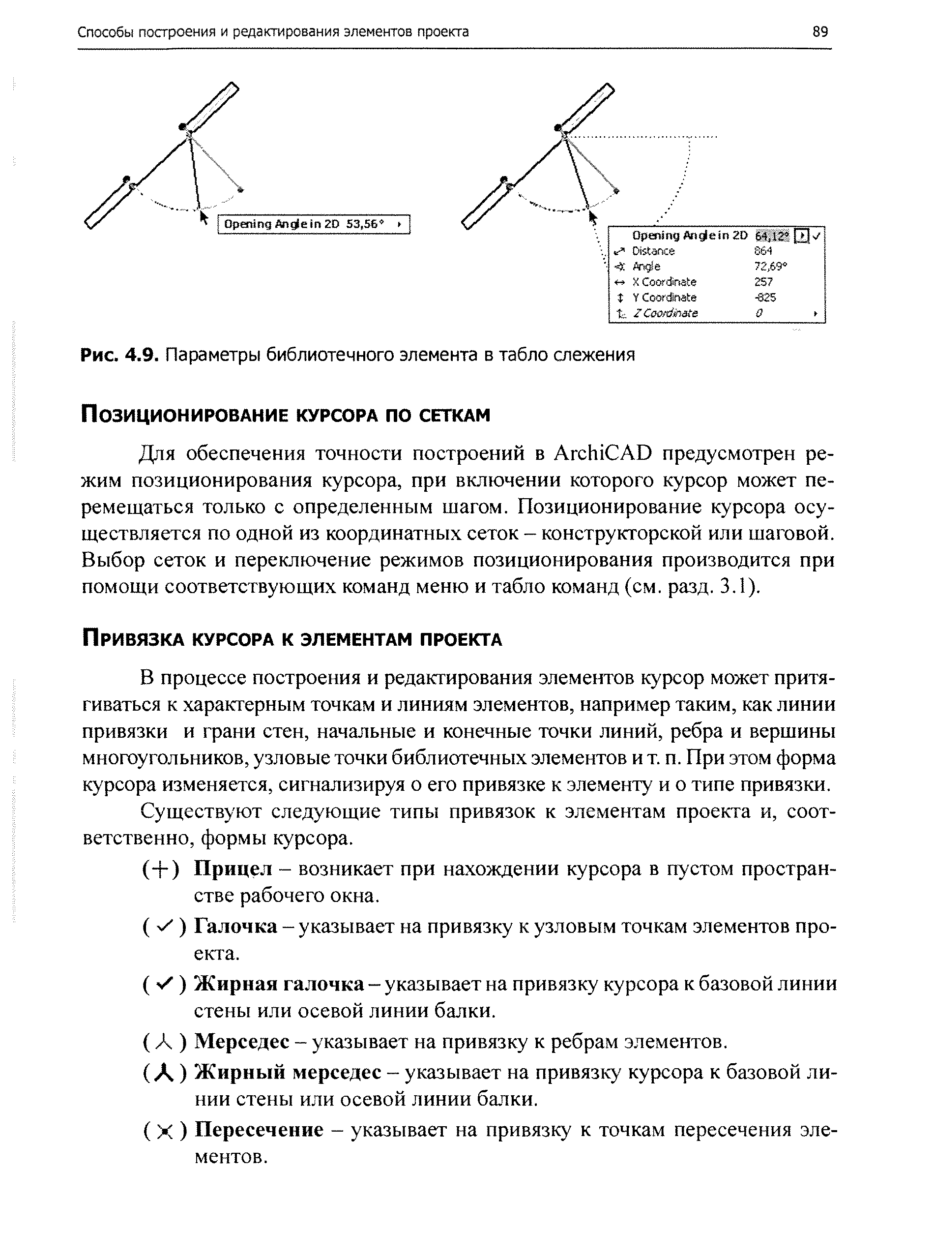 В процессе построения и редактирования элементов курсор может притягиваться к характерным точкам и линиям элементов, например таким, как линии привязки и грани стен, начальные и конечные точки линий, ребра и вершины многоугольников, узловые точки библиотечных элементов и т. п. При этом форма курсора изменяется, сигнализируя о его привязке к элементу и о типе привязки.
