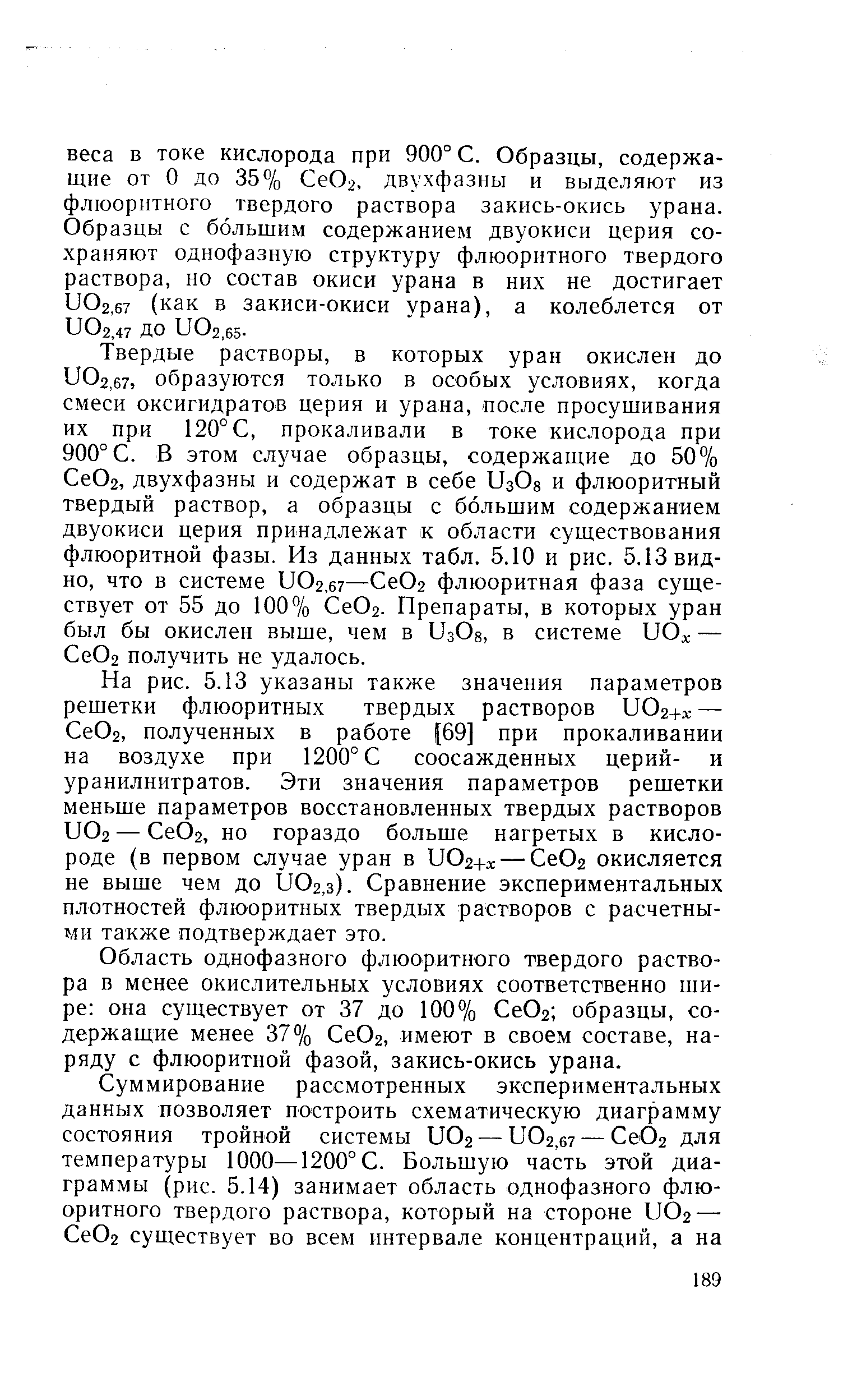 Твердые растворы, в которых уран окислен до иОг,б7, образуются только в особых условиях, когда смеси оксигидратов церия и урана, после просушивания их при 120° С, прокаливали в токе кислорода при 900°С. В этом случае образцы, содержащие до 50% СеОг, двухфазны и содержат в себе УзОз и флюоритный твердый раствор, а образцы с большим содержанием двуокиси церия принадлежат к области существования флюоритной фазы. Из данных табл. 5.10 и рис. 5.13 видно, что в системе иОг,б7—СеОг флюоритная фаза существует от 55 до 100% СеОг- Препараты, в которых уран был бы окислен выше, чем в изОв, в системе иО — СеОг получить не удалось.
