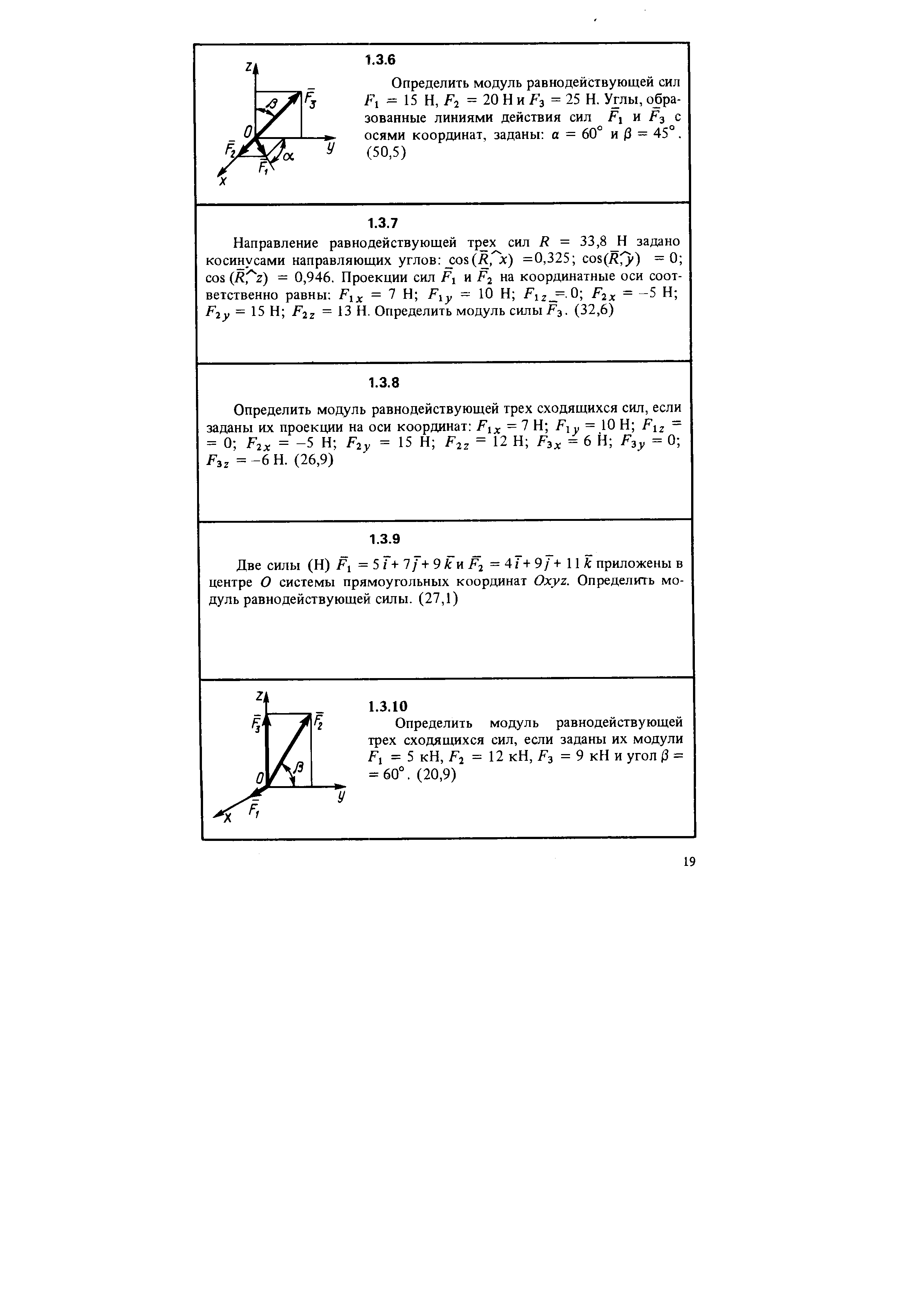 Определить модуль равнодействующей сил F, = 15 Н, / з = 20 Н и / з = 25 Н. Углы, образованные линиями действия сил Fj и F3 с осями координат, заданы а = 60° и /3 = 45°.
