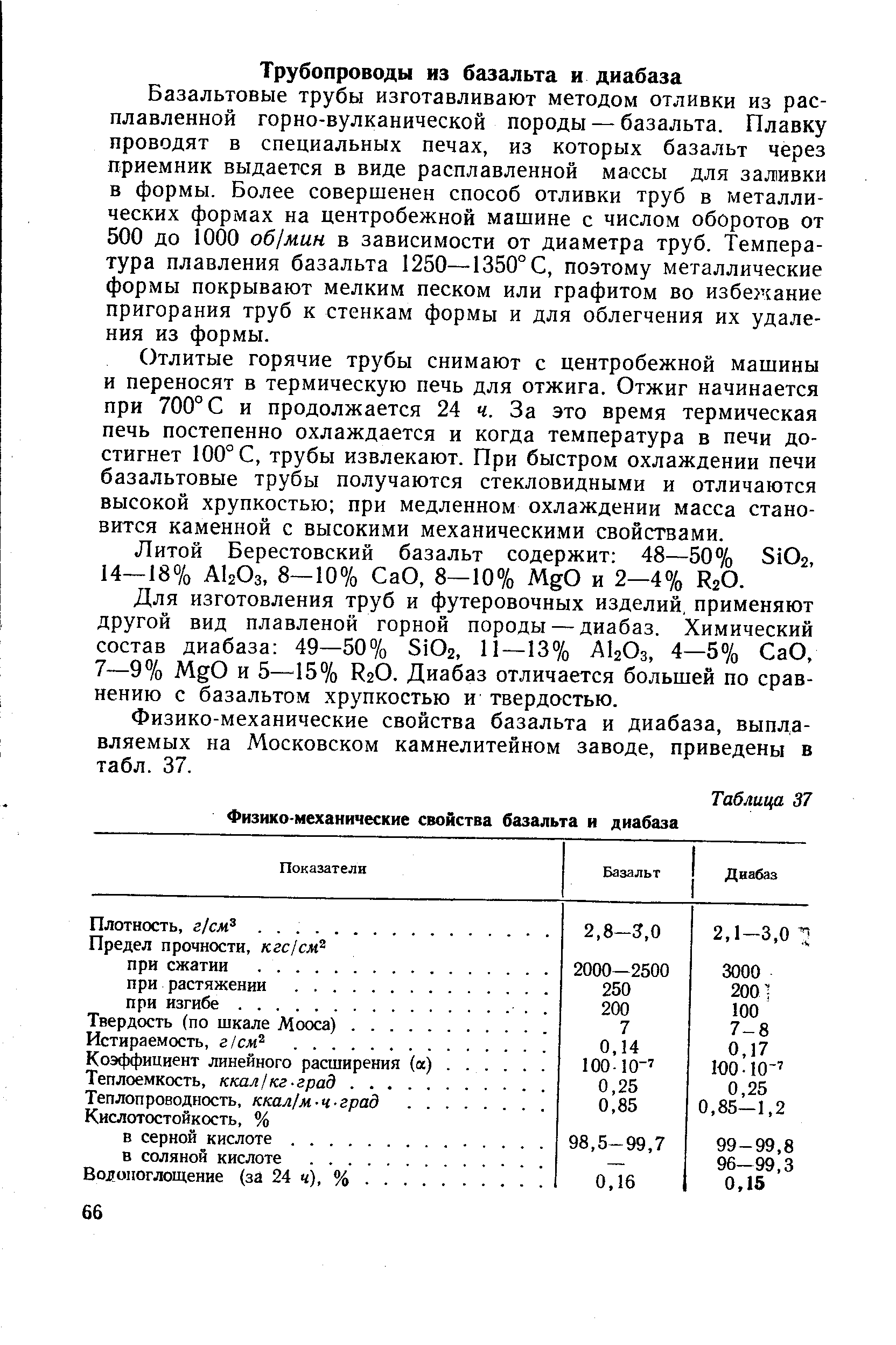 Базальтовые трубы изготавливают методом отливки из расплавленной горно-вулканической породы — базальта. Плавку проводят в специальных печах, из которых базальт через приемник выдается в виде расплавленной массы для заливки в формы. Более совершенен способ отливки труб в металлических формах на центробежной машине с числом оборотов от 500 до 1000 об/мин в зависимости от диаметра труб. Температура плавления базальта 1250—1350° С, поэтому металлические формы покрывают мелким песком или графитом во избежание пригорания труб к стенкам формы и для облегчения их удаления из формы.
