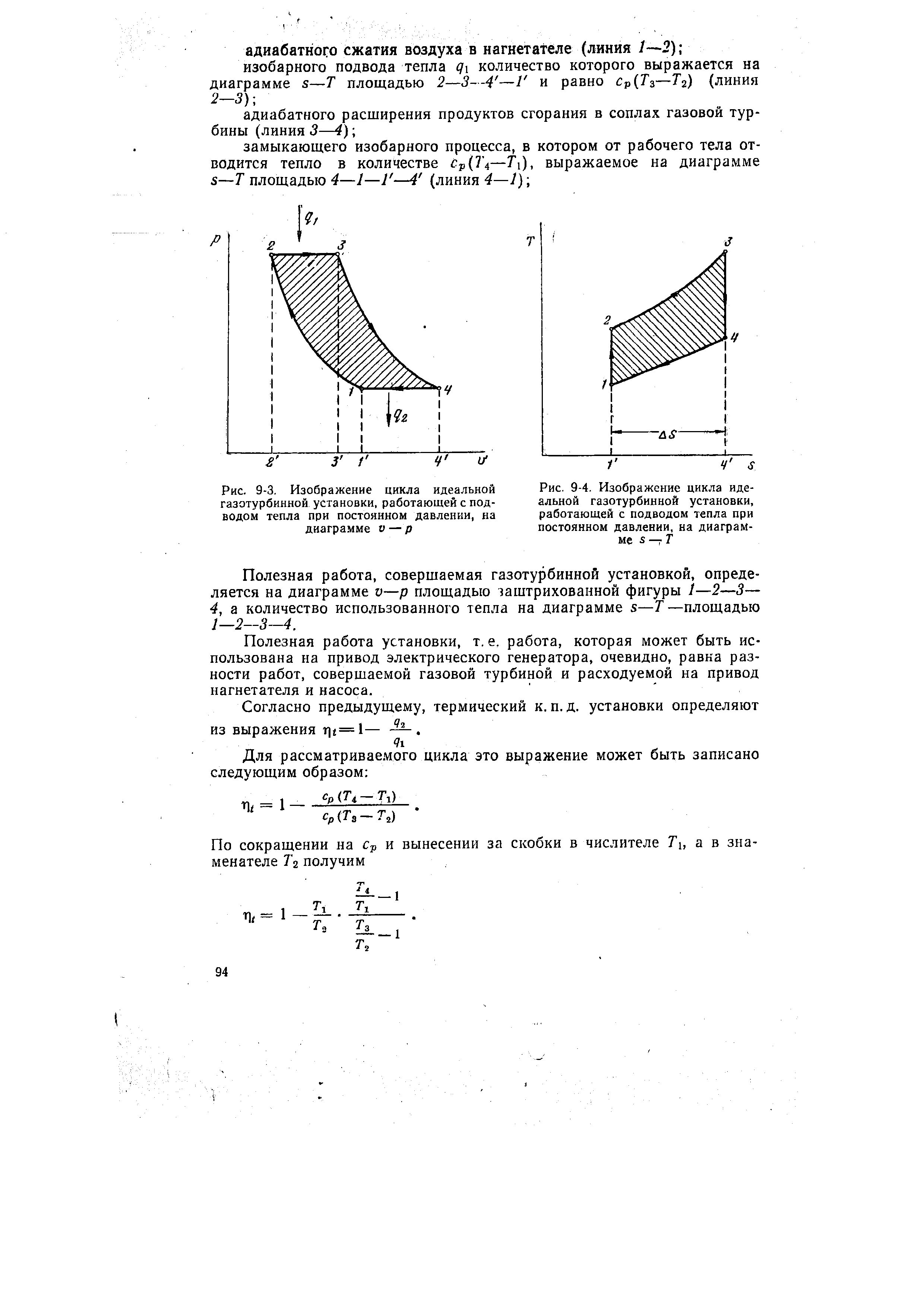 Рис. 9-3. Изображение цикла идеальной газотурбинной установки, работающей с подводом тепла при постоянном давлении, на диаграмме v — p
