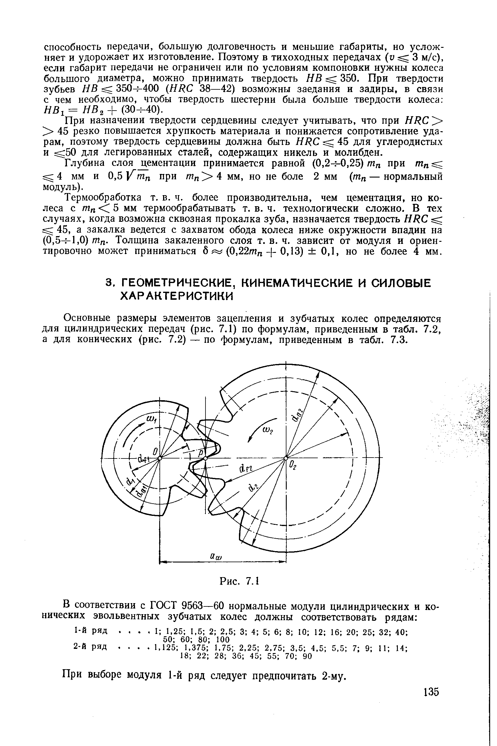 Основные размеры элементов зацепления и зубчатых колес определяются для цилиндрических передач (рис. 7.1) по формулам, приведенным в табл. 7.2, а для конических (рис. 7.2) — по формулам, приведенным в табл. 7.3.
